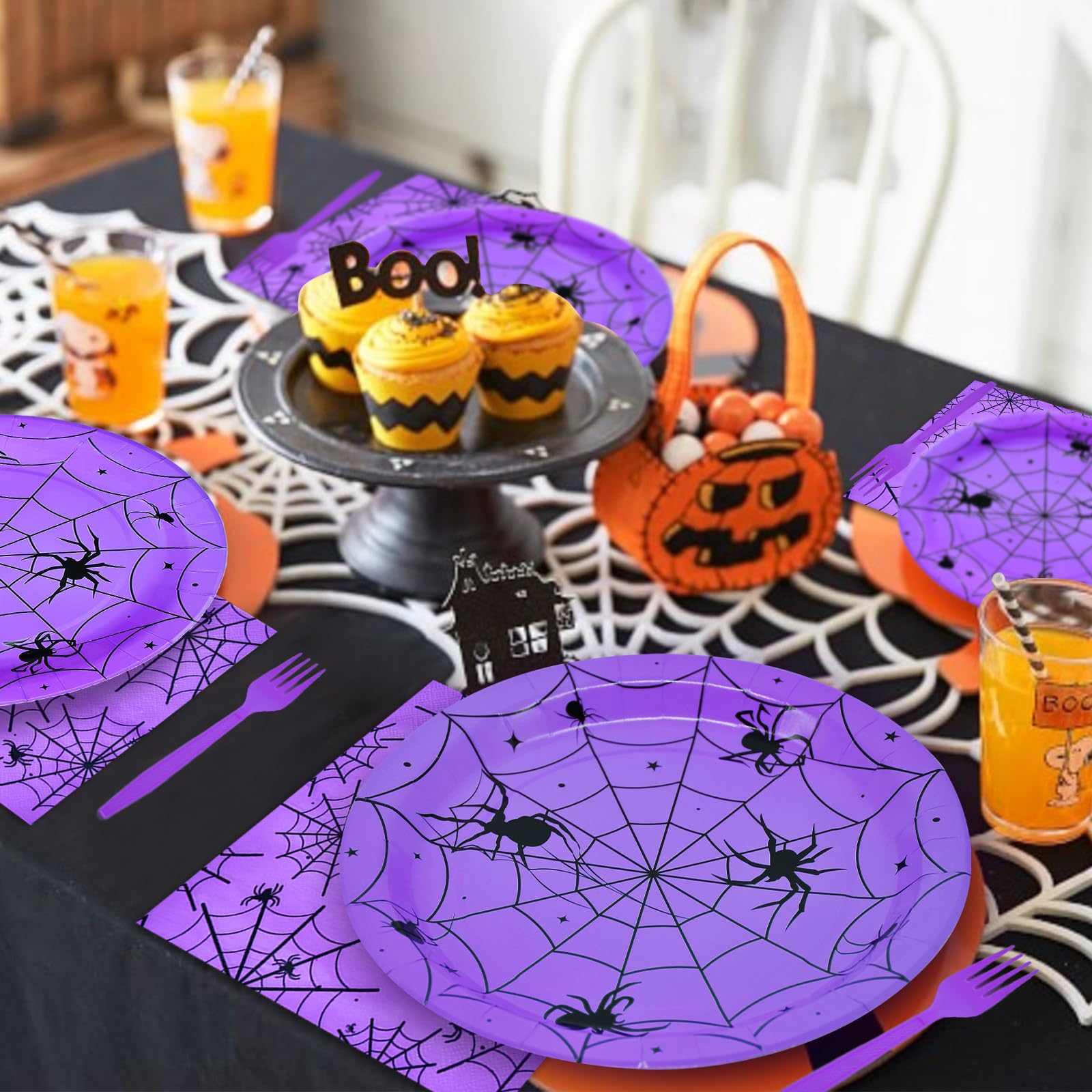 96-Piece Halloween Spider Web Disposable Dinnerware Set - Purple Paper Plates, Napkins & Forks for Spooky Parties, Birthday Decor - Serves 24 | Perfect for Halloween Celebrations, Themed Dinners & Festive Gatherings