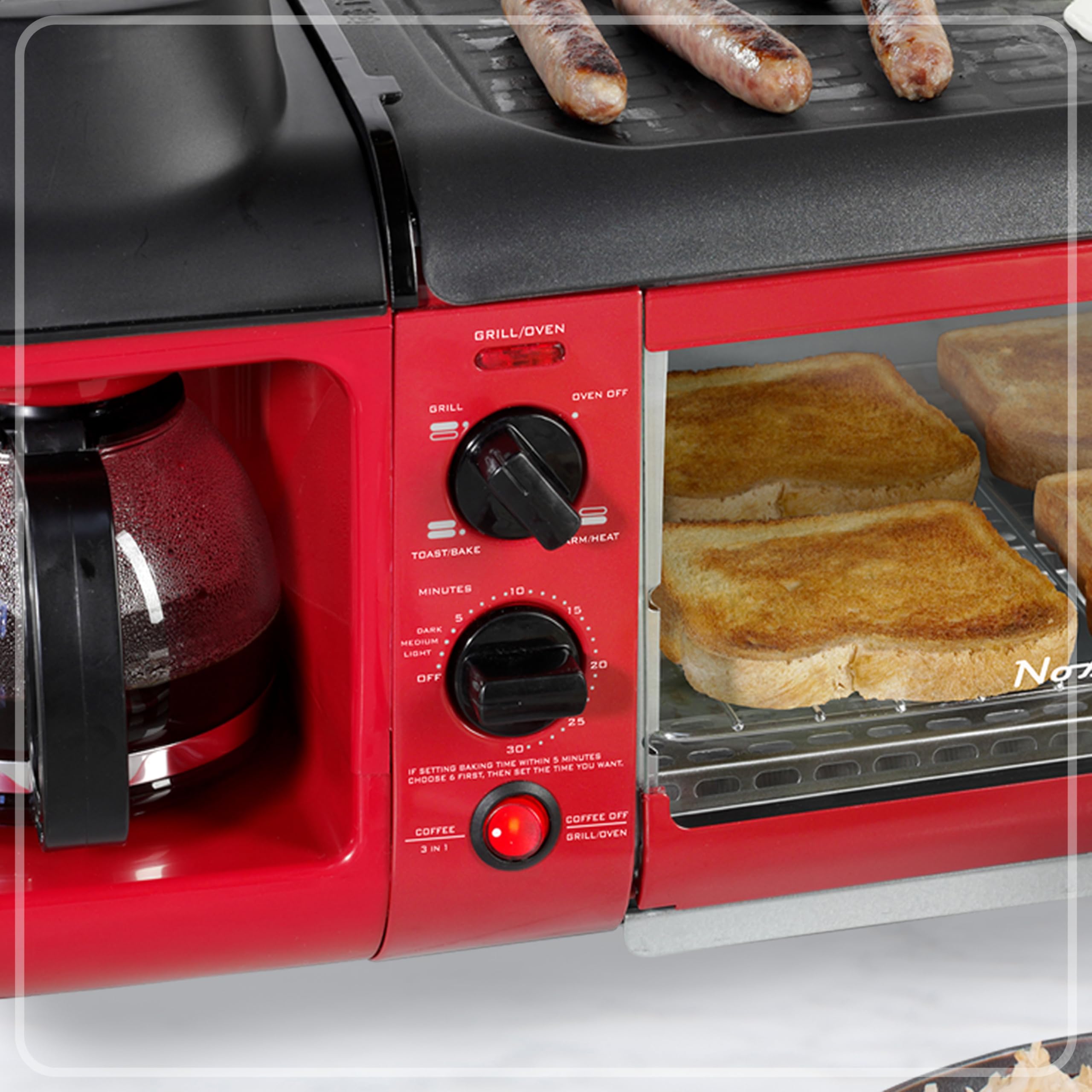 Nostalgia 3-in-1 Breakfast Station with Coffee Maker, Non-Stick Griddle & 4-Slice Toaster - Versatile Kitchen Appliance with Timer - Perfect for Home, Office or Dorm Room - Red