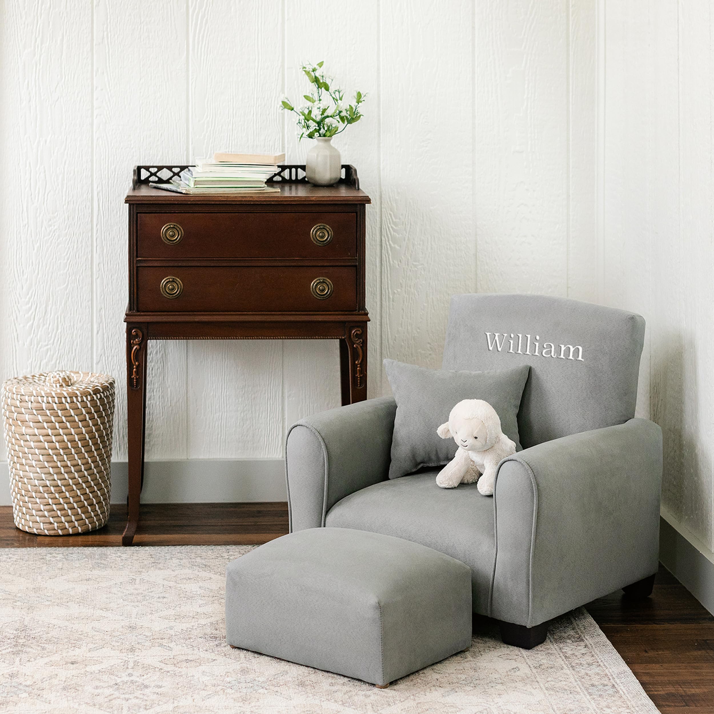 Personalized Kids Rocking Chair with Name - Grey Suede Upholstered Toddler Armchair | Comfortable Nursery Furniture for Bedroom, Playroom & Gift Giving