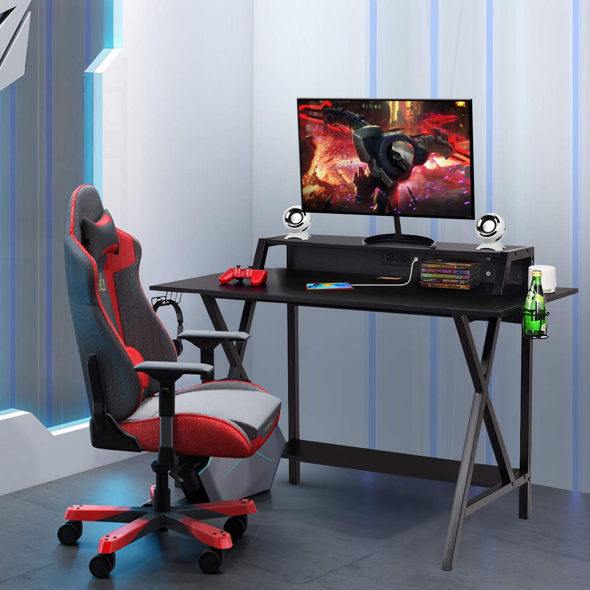 48-inch WATERJOY Gaming Desk - Ergonomic E-Sports Workstation with Headset Hook, Cup Holder & Built-in Power Strip | Perfect for PC Gaming, Streaming & Home Office Setup (Black)