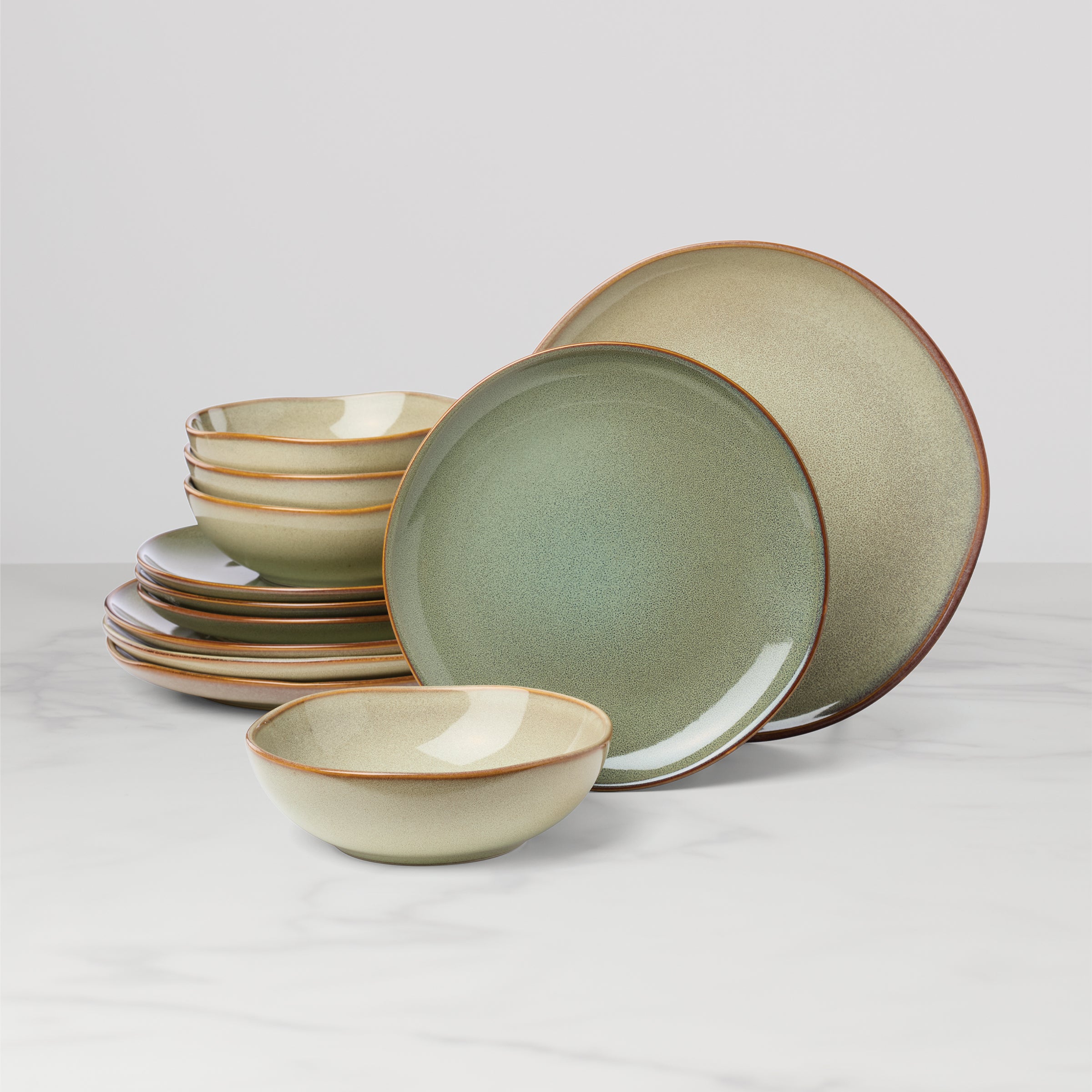 Organic Sage Green 12-Piece Dinnerware Set - Eco-Friendly Porcelain Plates, Bowls & Mugs for Everyday Dining & Entertaining