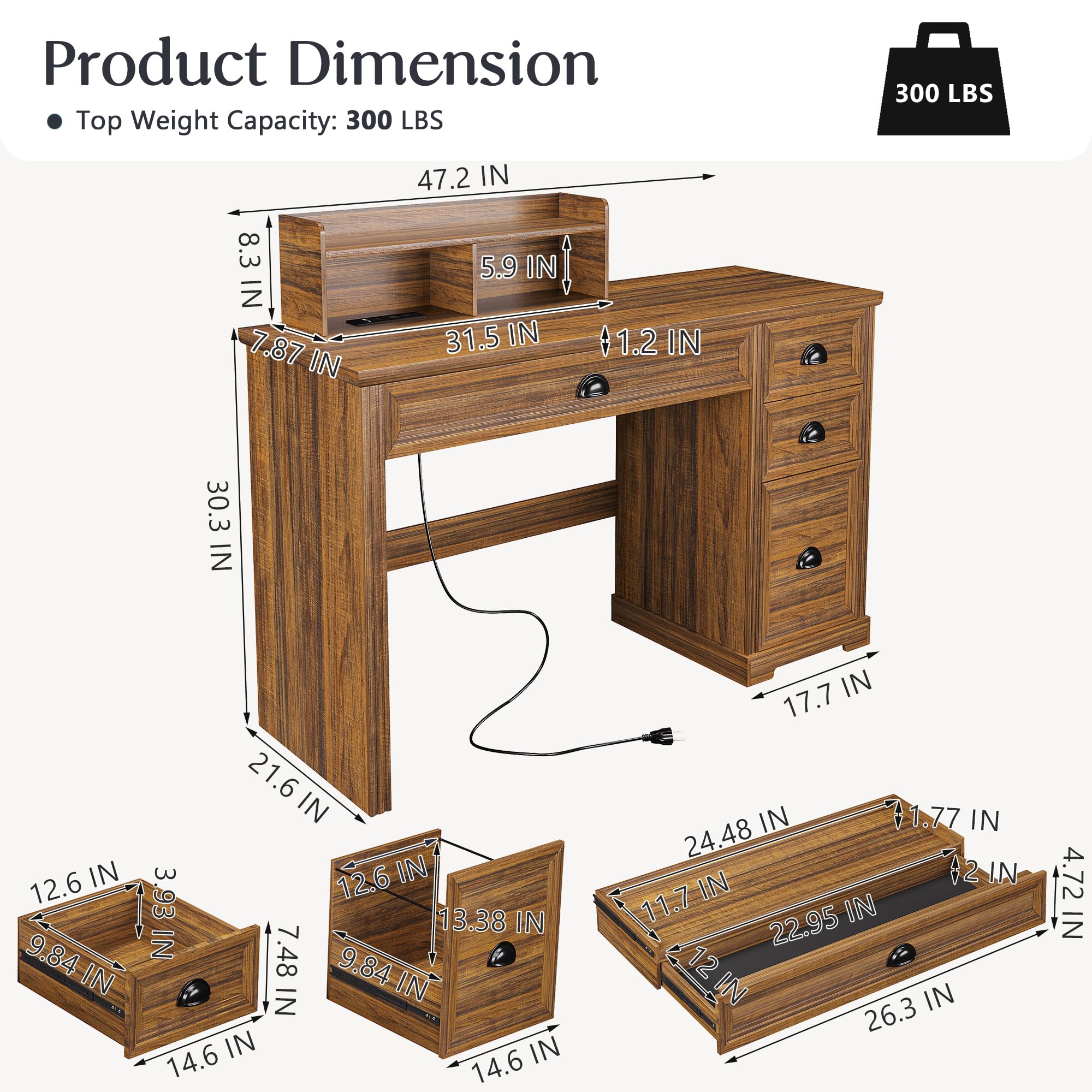 Farmhouse Computer Desk with Monitor Stand - 47 Inch Home Office Desk with LED Lights & Power Outlets, Writing Desk with Storage File Drawer for Working, Gaming & Study - Walnut Finish - Perfect for Home Office, Gaming Setup & Remote Work