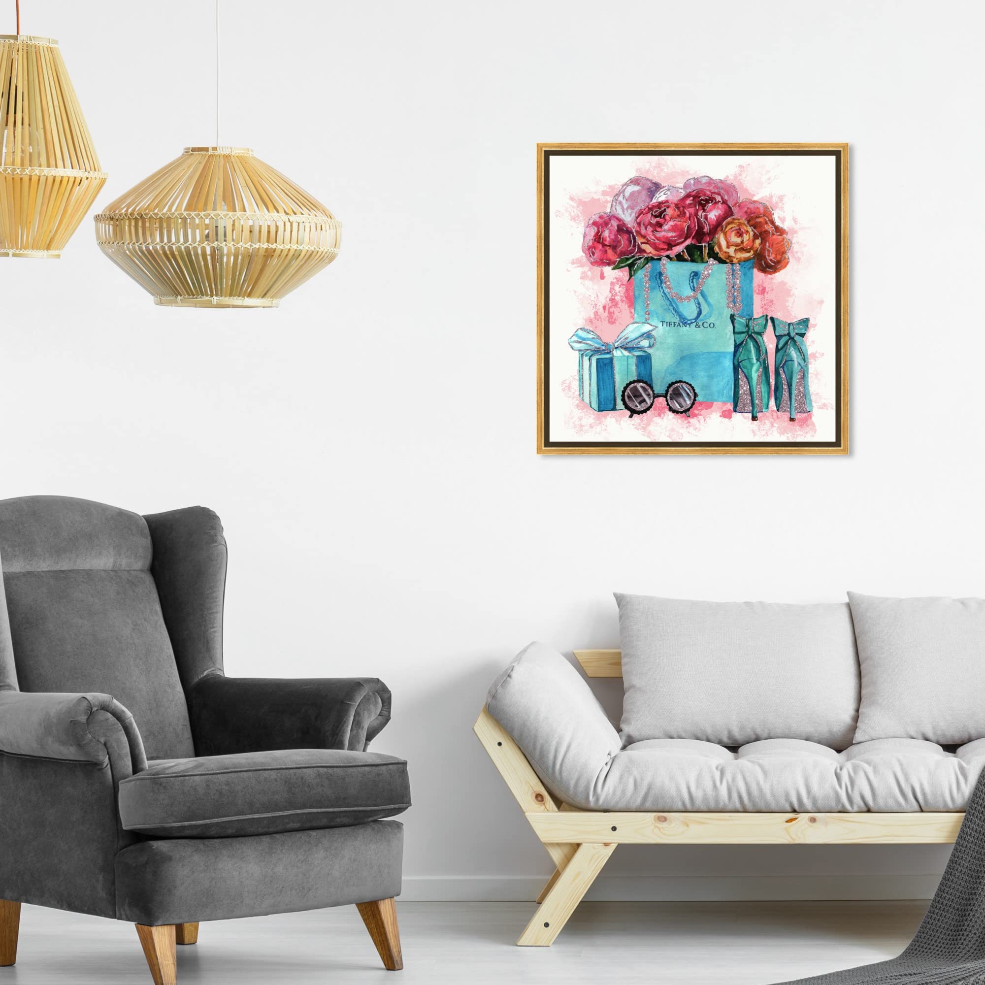 Oliver Gal Artist Co. 'Sparkle Blue Jewelry' Framed Canvas Wall Art - Fashion & Glam Decor for Living Room, Bedroom & Office