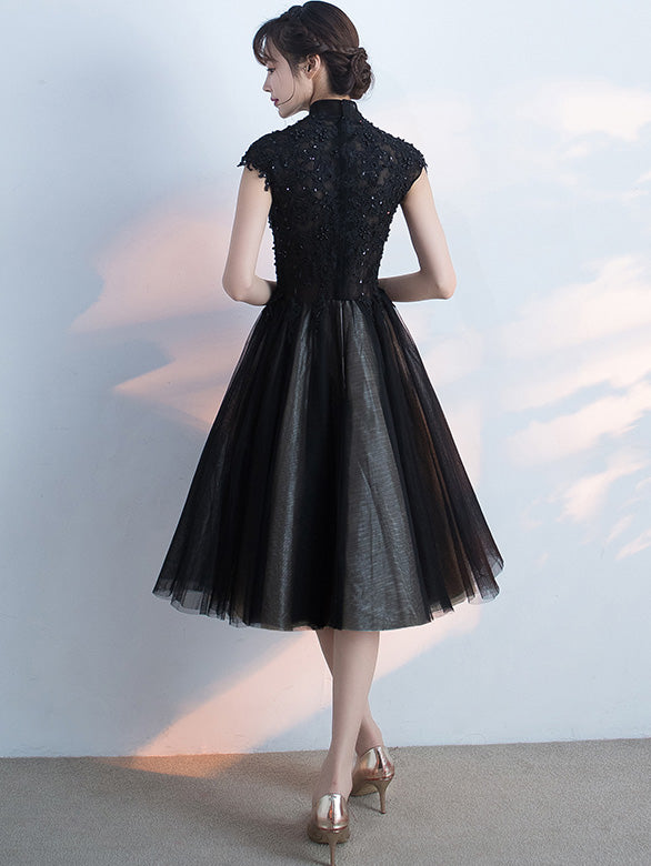 Elegant Black Midi Ball Gown Tulle Qipao Cheongsam Evening Dress for Prom, Wedding, and Formal Events