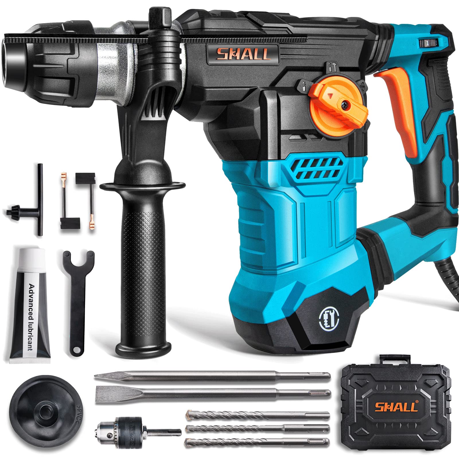 SHALL 1-1/4 Inch SDS Plus Rotary Hammer Drill - 1500W Heavy Duty Demolition Hammer with Speed Adjustment, 4 Functions & 3 Drill Bits - Includes Flat Chisel & Point Chisel (0-950 RPM) - Perfect for Concrete Drilling, Demolition Work & Masonry Projects