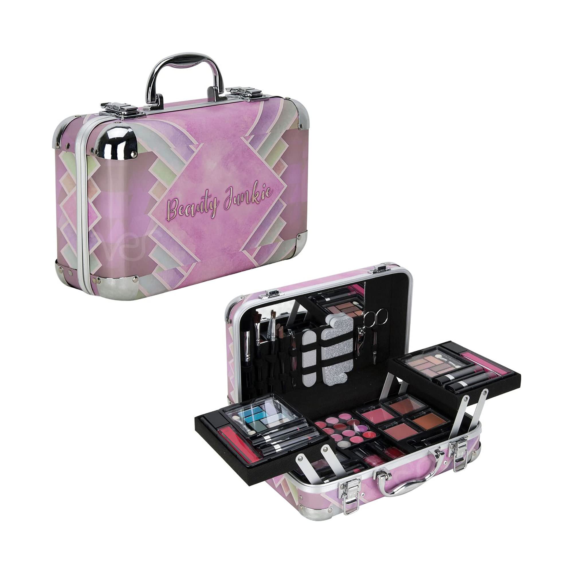 VER Modern Portable Beauty Junkie Makeup Gift Set with Extendable Trays & Mirror - 61pcs Cosmetic Organizer | Perfect for Travel, Home Vanity & Professional Makeup Artists