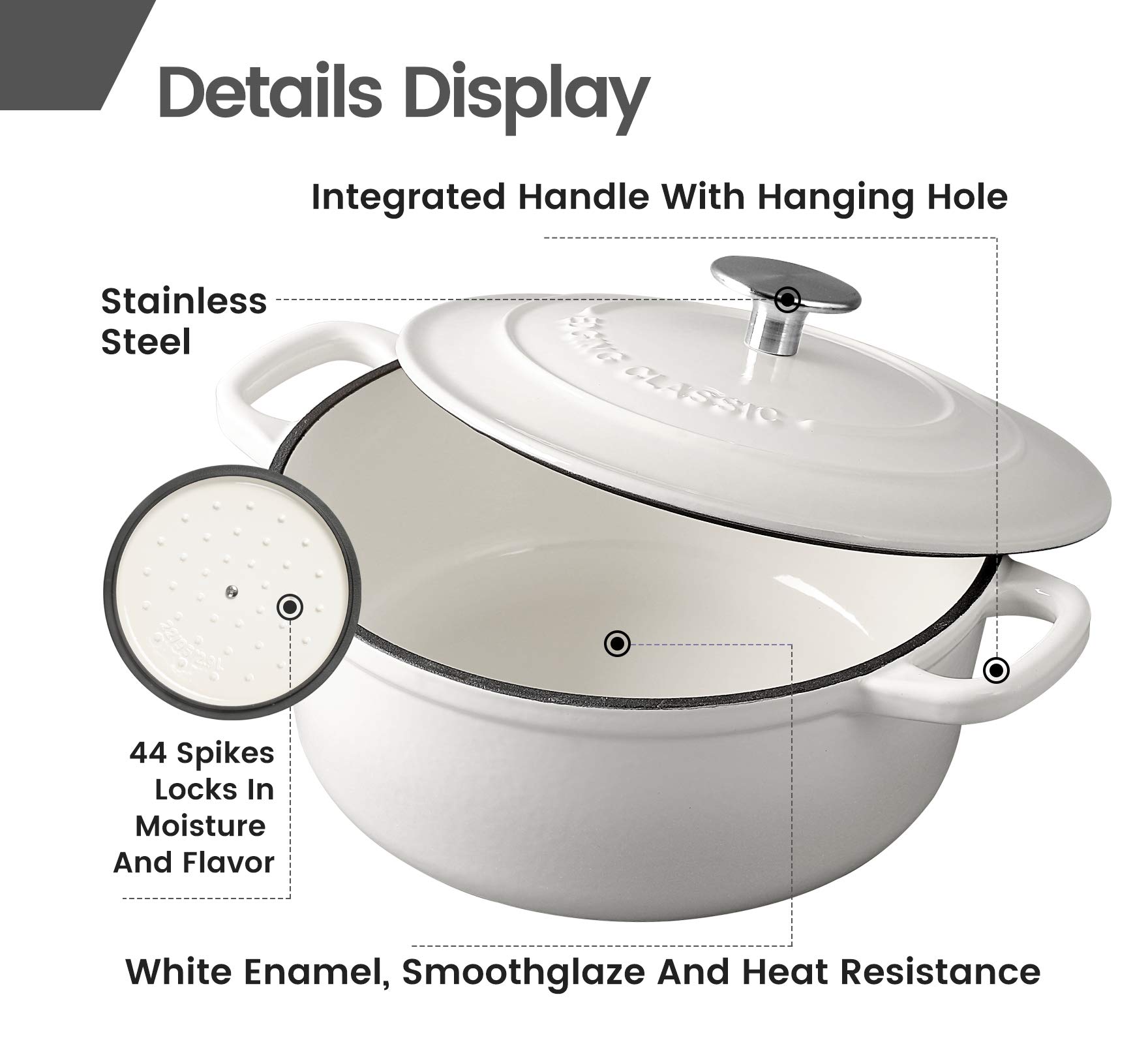 Premium Enameled Cast Iron Dutch Oven with Lid - 3.5 Quart White Oven Safe to 500°F for Bread Baking, Soups, Stews & Roasting - Dual Handles for Easy Cooking & Serving