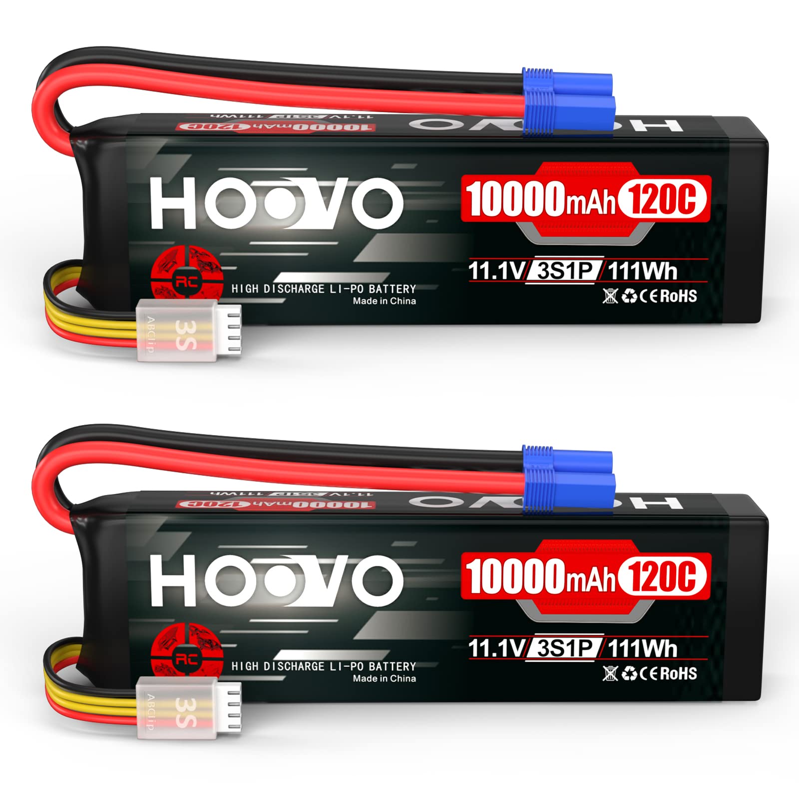 HOOVO 3S Lipo Battery 11.1V 10000mAh 120C High Performance RC Battery with EC5 Plug - 2 Pack for RC Cars, Drones, FPV, DJI, RC Planes & Racing Hobbies | Perfect for Long Flight Time & High Speed Racing