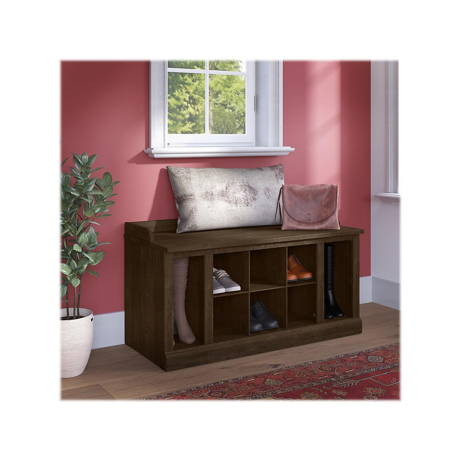 Bush Furniture Woodland 40W Shoe Storage Bench with Shelves in Ash Brown | Entryway Organizer for Shoes, Boots & Accessories | Perfect for Mudroom, Foyer & Hallway Storage Solutions