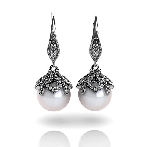 14K Rose Gold Diamond and Cultured Pearl Earrings - Elegant Dangle Earrings for Women, Perfect for Weddings, Parties & Special Occasions