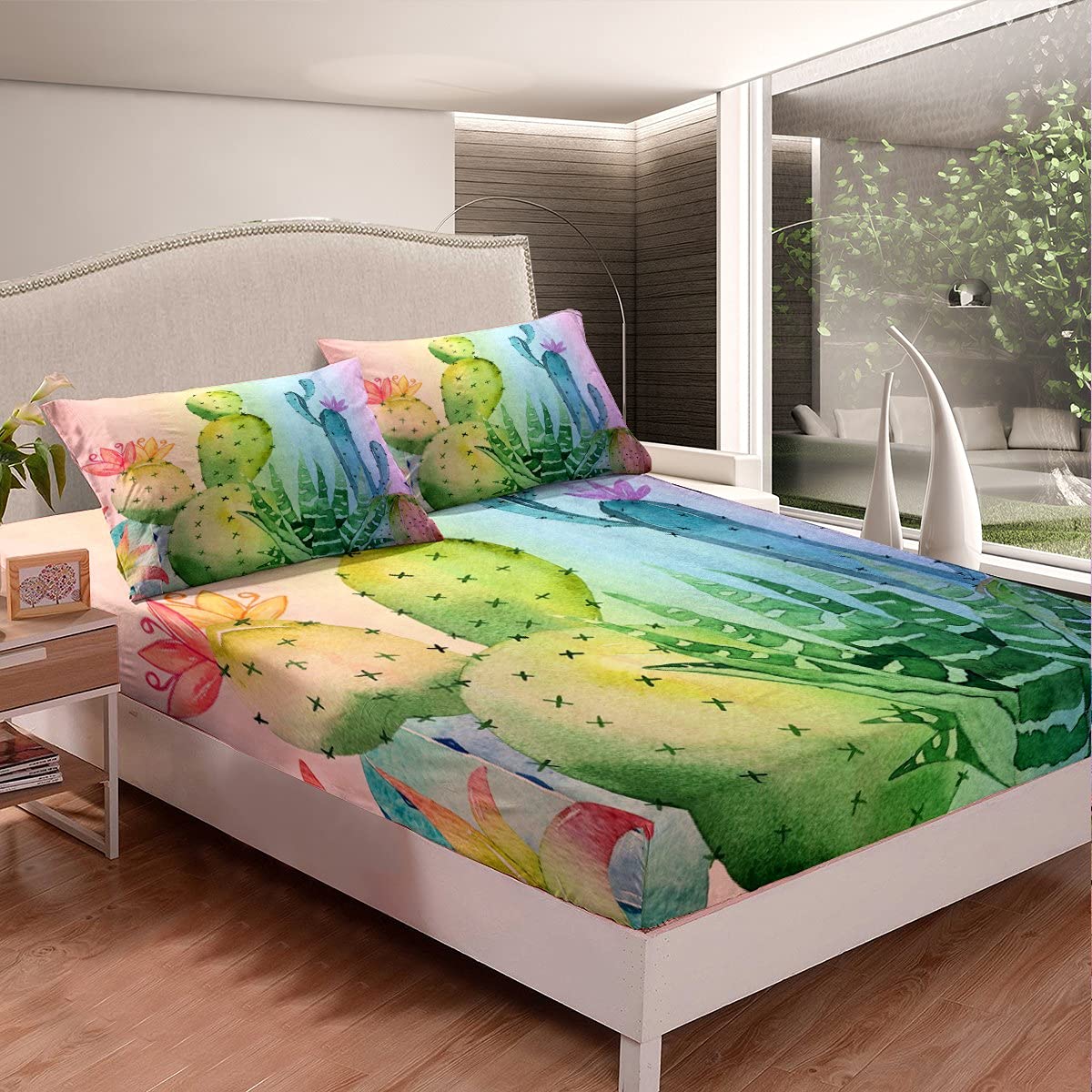 Watercolor Cactus Fitted Sheet Set - Queen Size Tropical Desert Plant Bedding | Tie-Dye Rainbow Iridescent Red Floral Design for Bedroom & Living Room Decor (No Flat Sheet Included) | Perfect for Boho, Desert, or Tropical Themed Home Decor