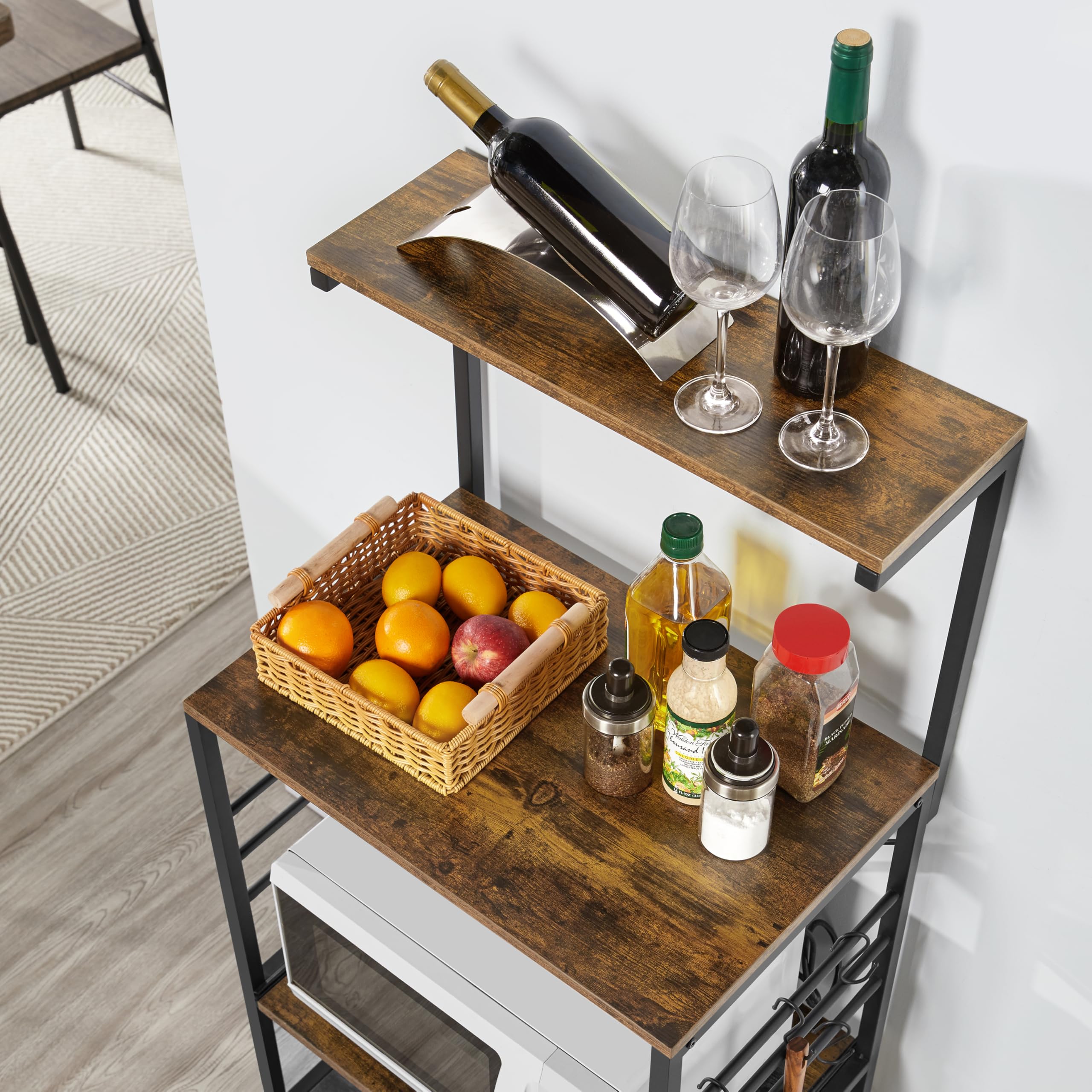 Yaheetech 3-Tier Bakers Rack with Wheels - Microwave Stand, Coffee Bar Cart with 6 Hooks & Sliding Shelf - Rustic Brown Kitchen Utility Storage Cart with Spice Rack - Perfect for Small Kitchens, Dining Rooms & Coffee Stations