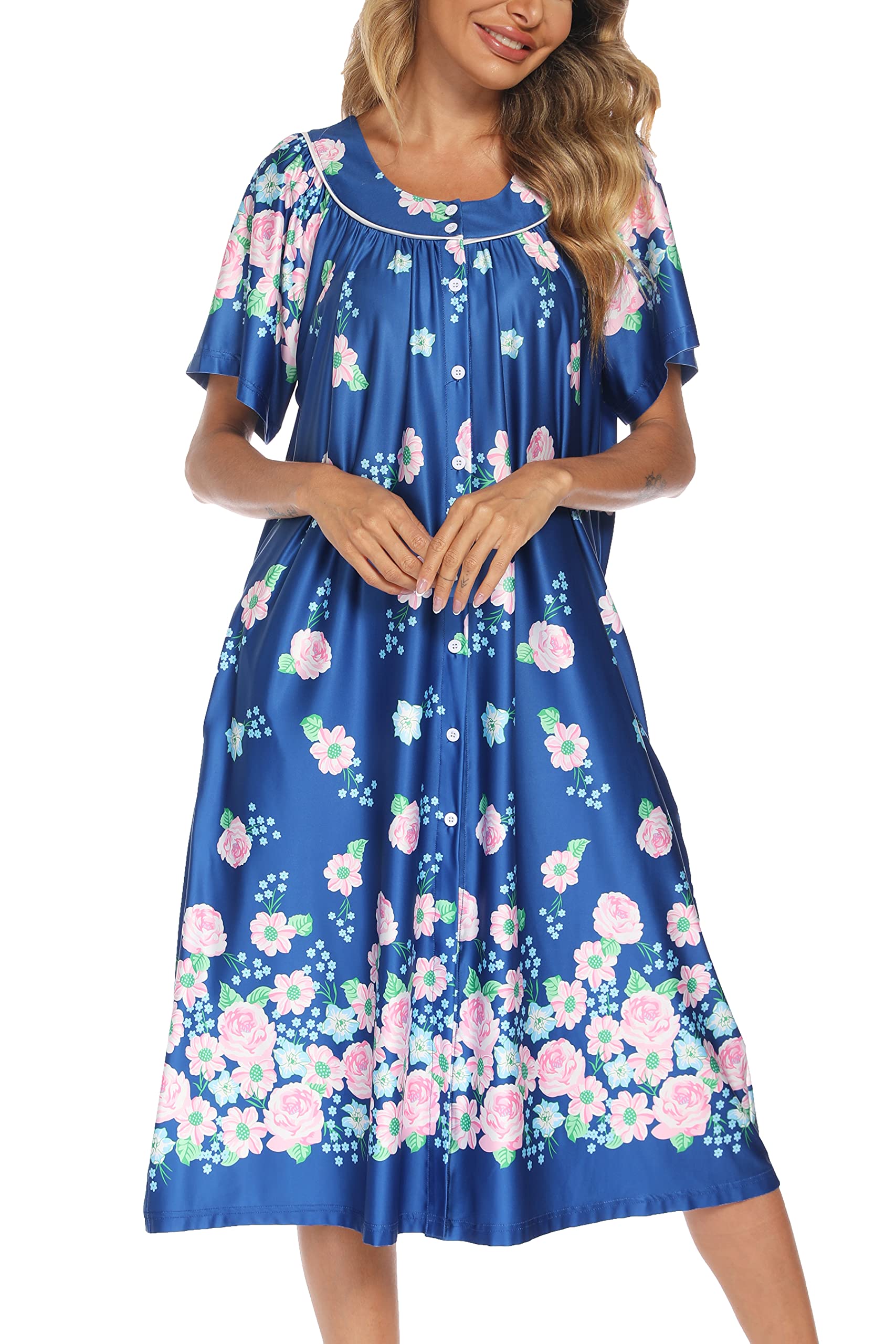 YOZLY Women's Short Sleeve House Dress - Comfortable Mumu Duster Robe with Pockets | Perfect for Lounging, Maternity Wear & Casual Home Outfits