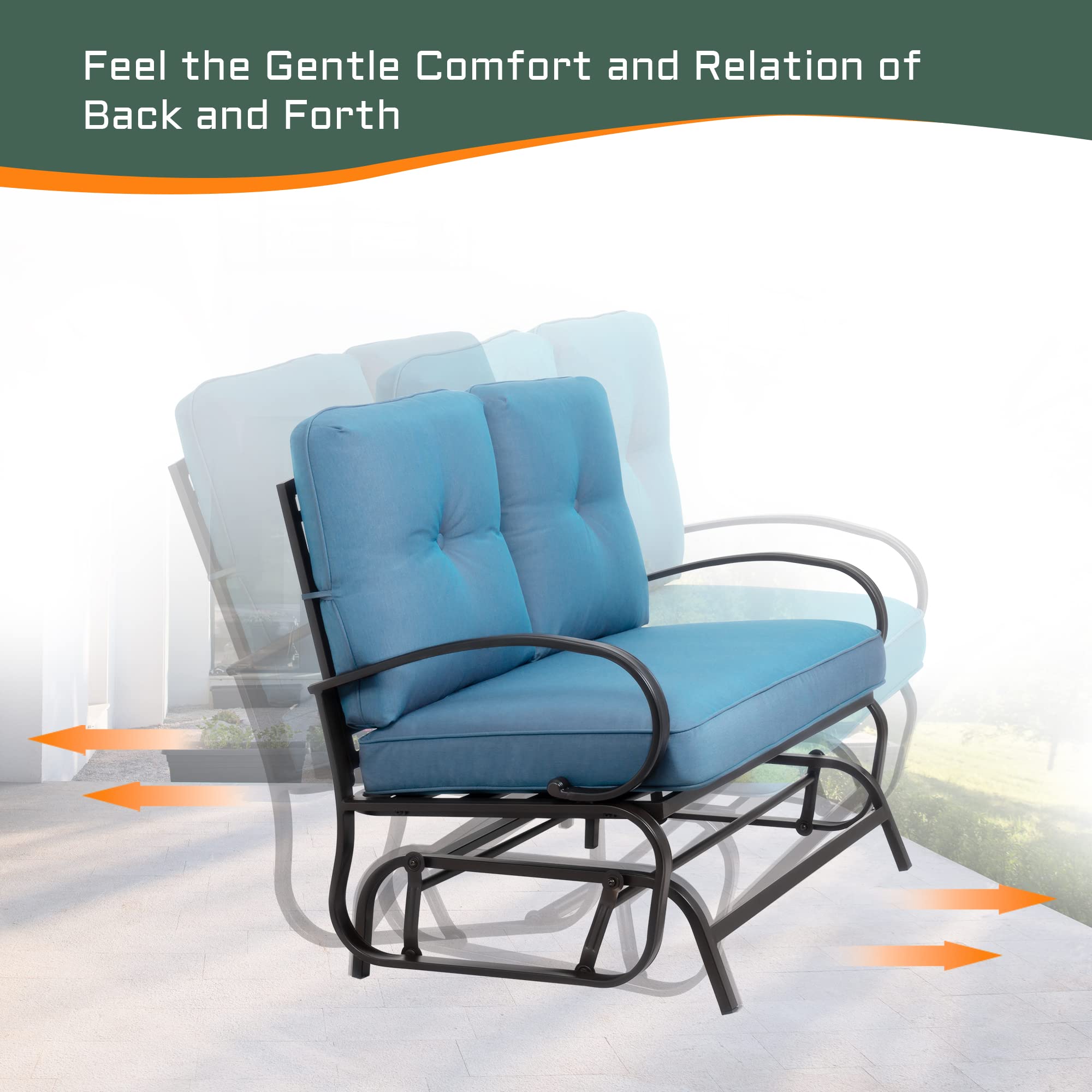 Shintenchi Outdoor Patio Metal Swing Glider Bench - 2-Person Rocking Chair Loveseat, Wrought Iron Patio Furniture with Steel Frame & Cushion Set - Perfect for Porch, Balcony, Garden, Backyard (Blue)