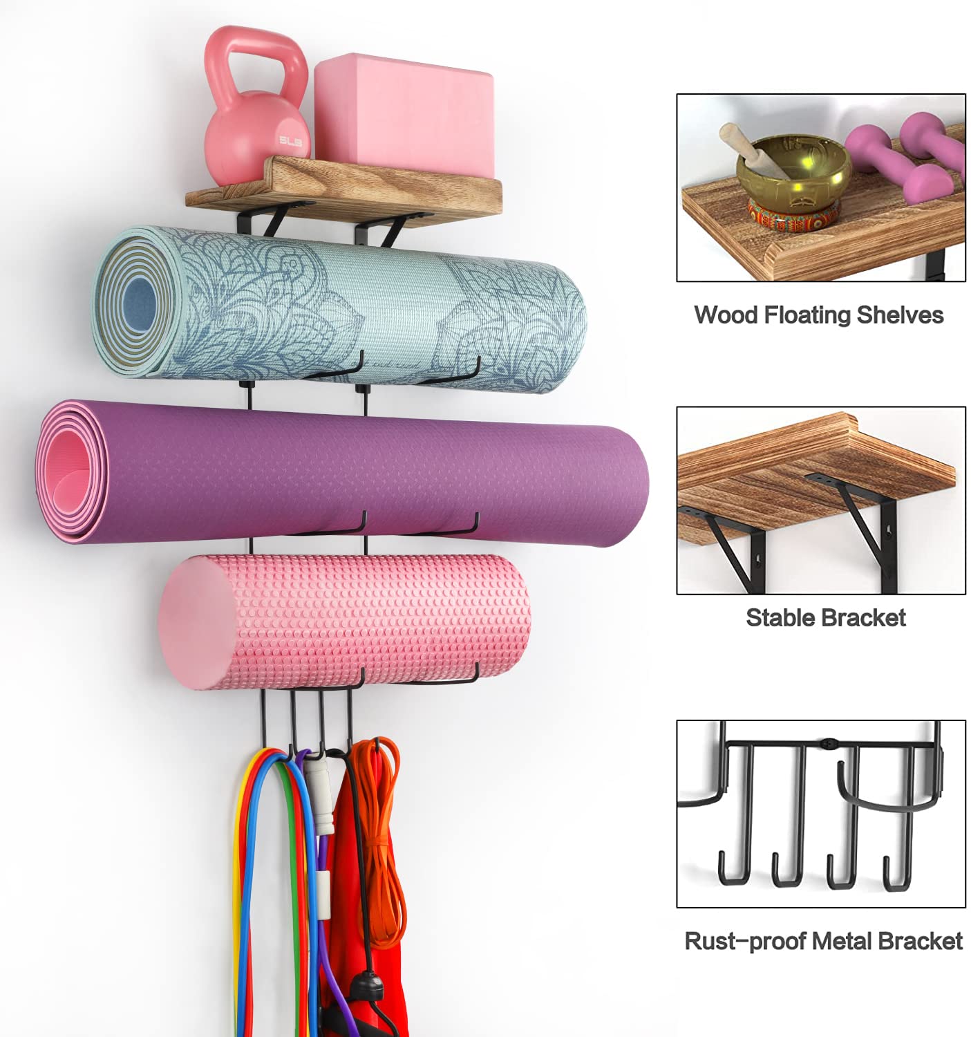 VINAEMO Yoga Mat Holder Wall Mount Organizer - 4 Hooks & Wooden Shelves for Foam Roller, Towel, Resistance Bands Storage - Home Gym, Yoga Studio, Office & School Decor Accessory