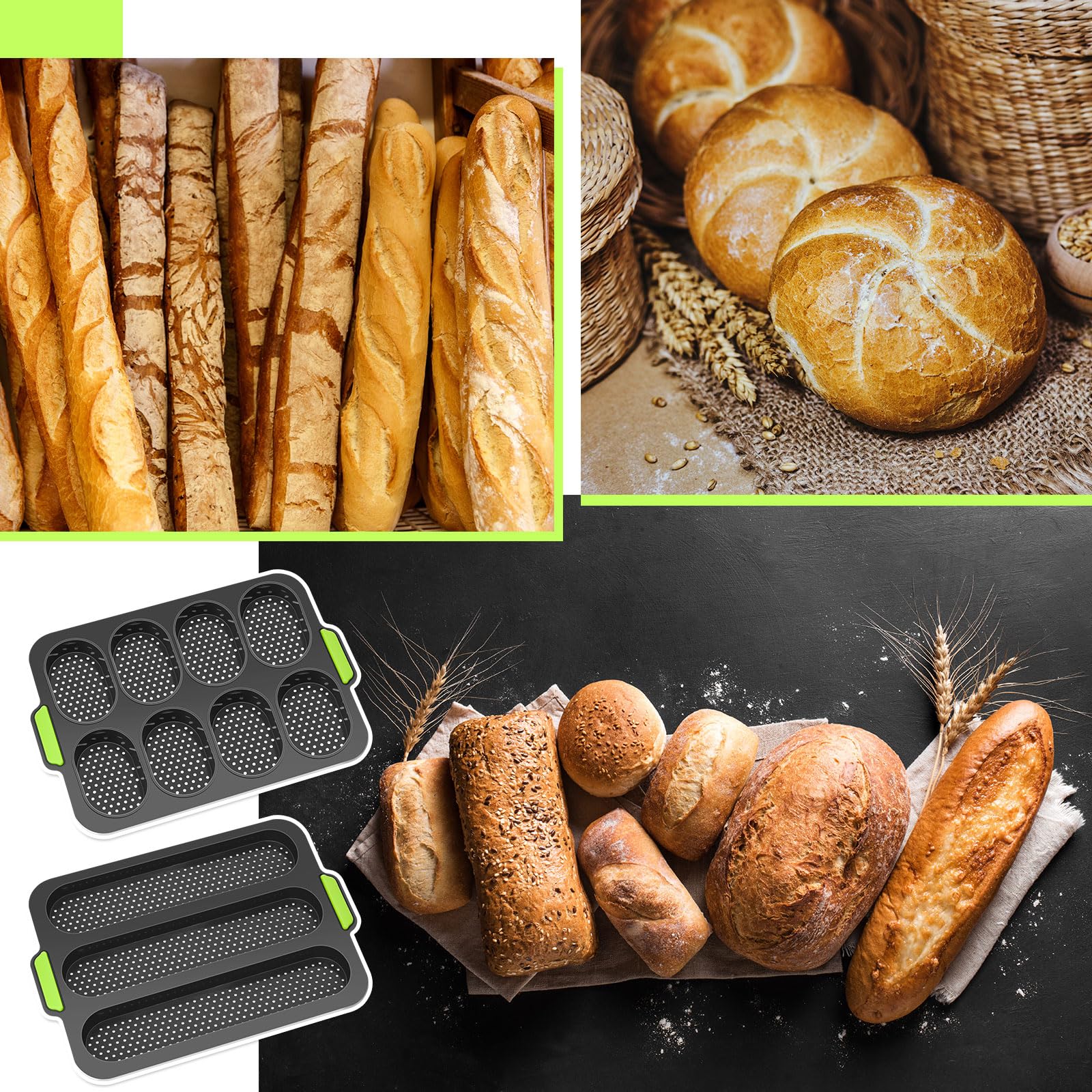 4-Piece Silicone Baguette Pan Set - Nonstick Perforated Bread Mold with 8 Gutters & 3-Wave Design for Perfect French Bread | Oven-Safe Baking Tray for Homemade Loaves, Toast & Artisan Bakers | Ideal for Home Kitchens, Bakeries & Cooking Enthusiasts