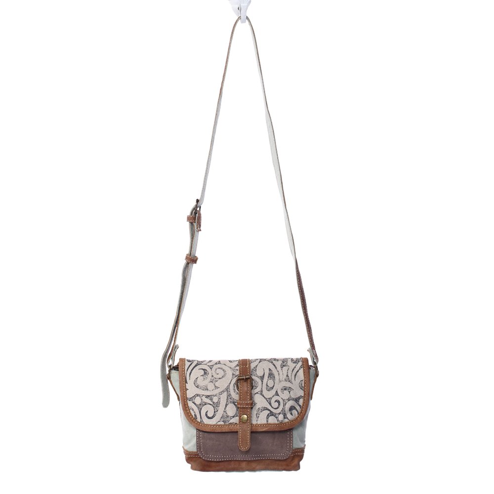 Myra Leaf Swirl Crossbody Bag - Upcycled Canvas, Brown | Perfect for Casual Outings & Travel