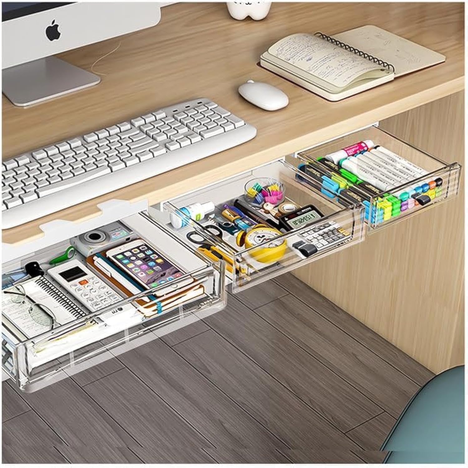 3 Pack Clear Plastic Under Desk Drawer Organizer - Slide Out Hidden Storage for Office, School & Home - Self-Adhesive Desktop Organizer with Pen Holder (3 Sizes) - Perfect for Small Space Organization & Clutter-Free Workspaces