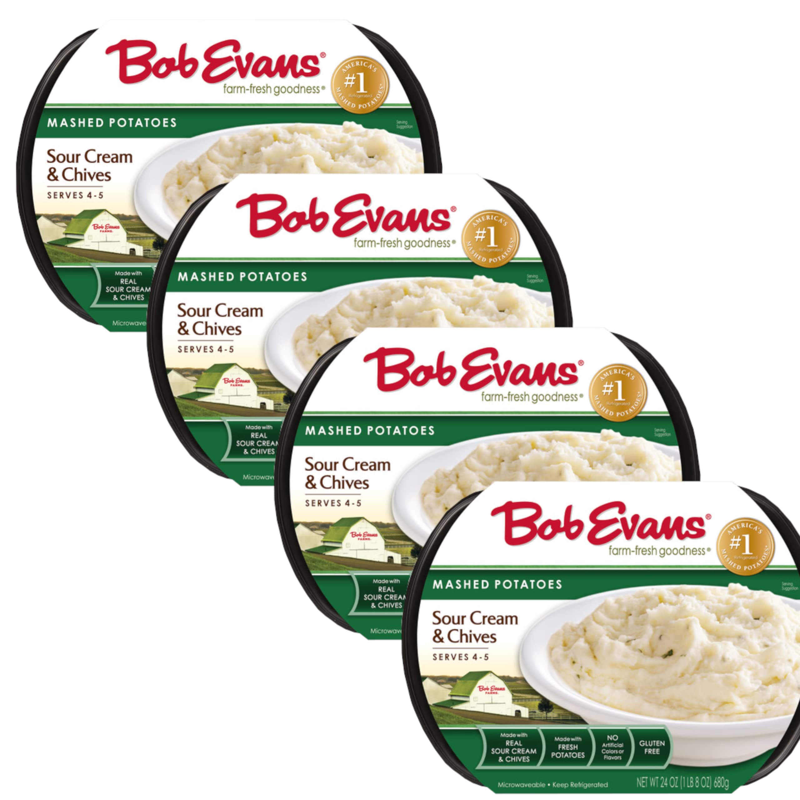 Bob Evans Sour Cream & Chives Mashed Potatoes - Gluten Free, No Artificial Colors or Flavors - 4 Pack (24 oz Each) - Perfect for Quick Family Dinners & Holiday Meals