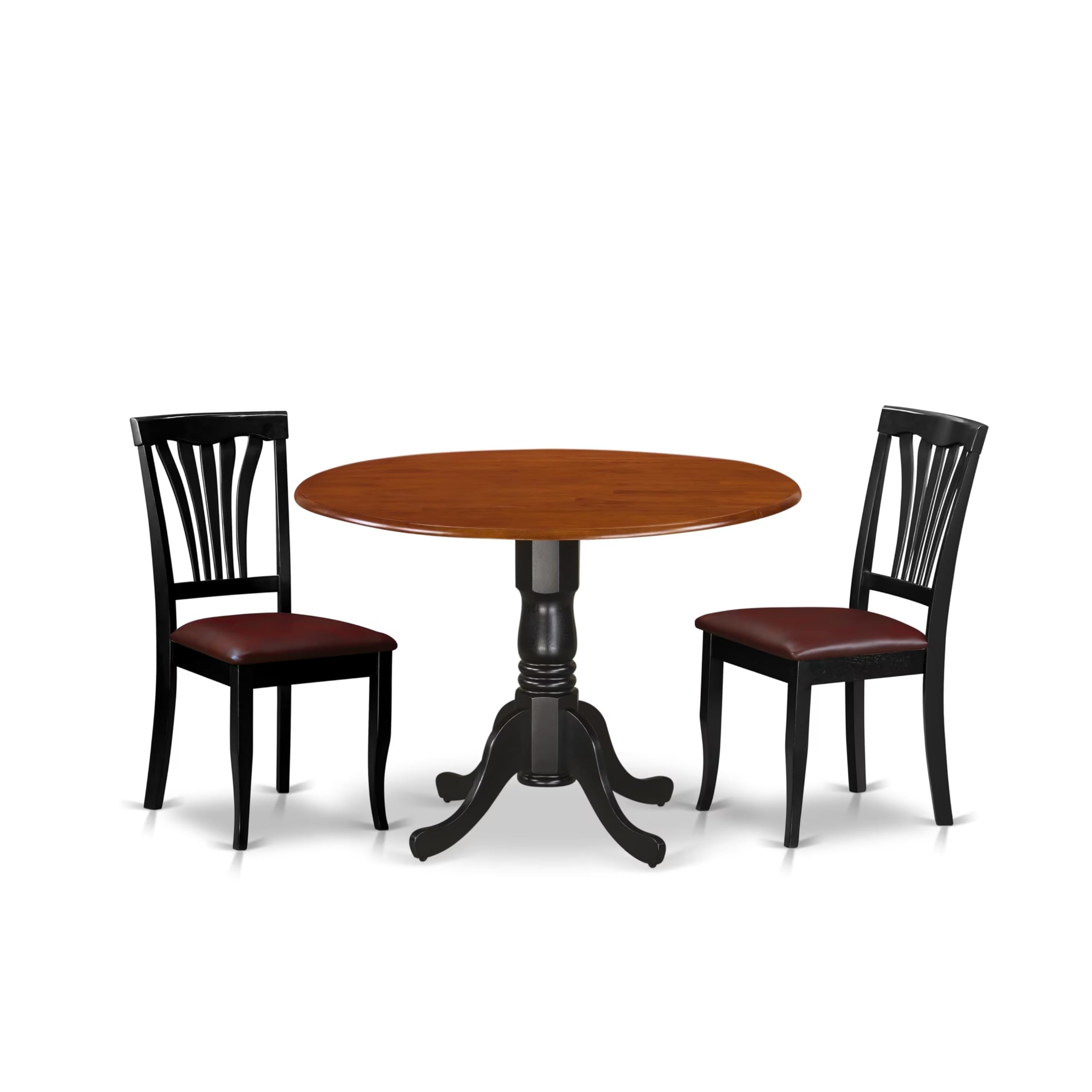 Modern 3-Piece Round Dining Table Set with Drop Leaf & 2 Faux Leather Chairs - 42x42 Inch Black & Cherry Wood - Perfect for Small Kitchens, Breakfast Nooks & Compact Dining Spaces
