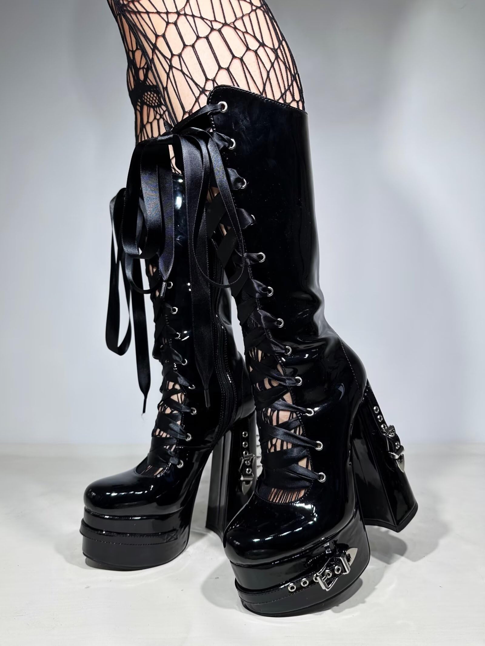 Gothic Chunky Platform Knee High Boots for Women & Men - Black Patent Leather with Silver Rivets & Satin Ribbon Lace-Up | Dark Punk Y2K Style, Wide Calf Design | Perfect for Halloween, Cosplay, Goth Fashion & Nightclub Outfits