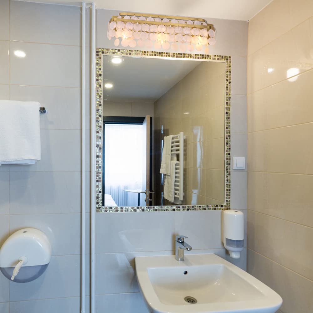 TOCHIC 3-Light Vanity Mirror Light with Natural Capiz Shell Shade, Brushed Gold Dimmable Bathroom Lighting Fixture - Modern Wall Sconce for Makeup Vanity, Powder Room, Bedroom & Living Room (23 Inch Wide) | Perfect for Soft Ambient Lighting & Elegant Home Decor