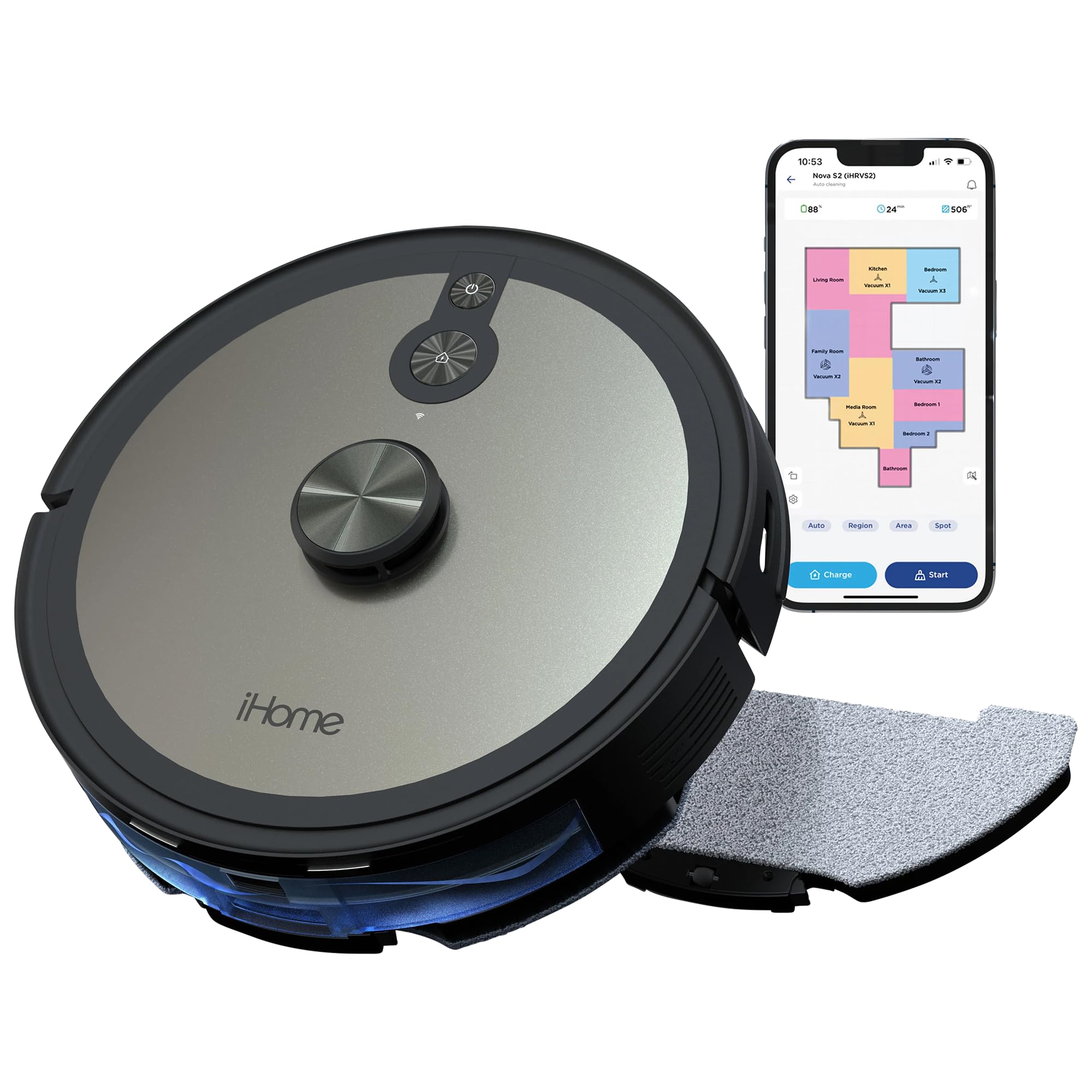 iHome Autovac Nova S2 Robot Vacuum and Mop Combo with LiDAR Navigation - Smart Cleaning for Hardwood Floors, Carpets & Pet Hair - Perfect for Homes with Pets & Kids