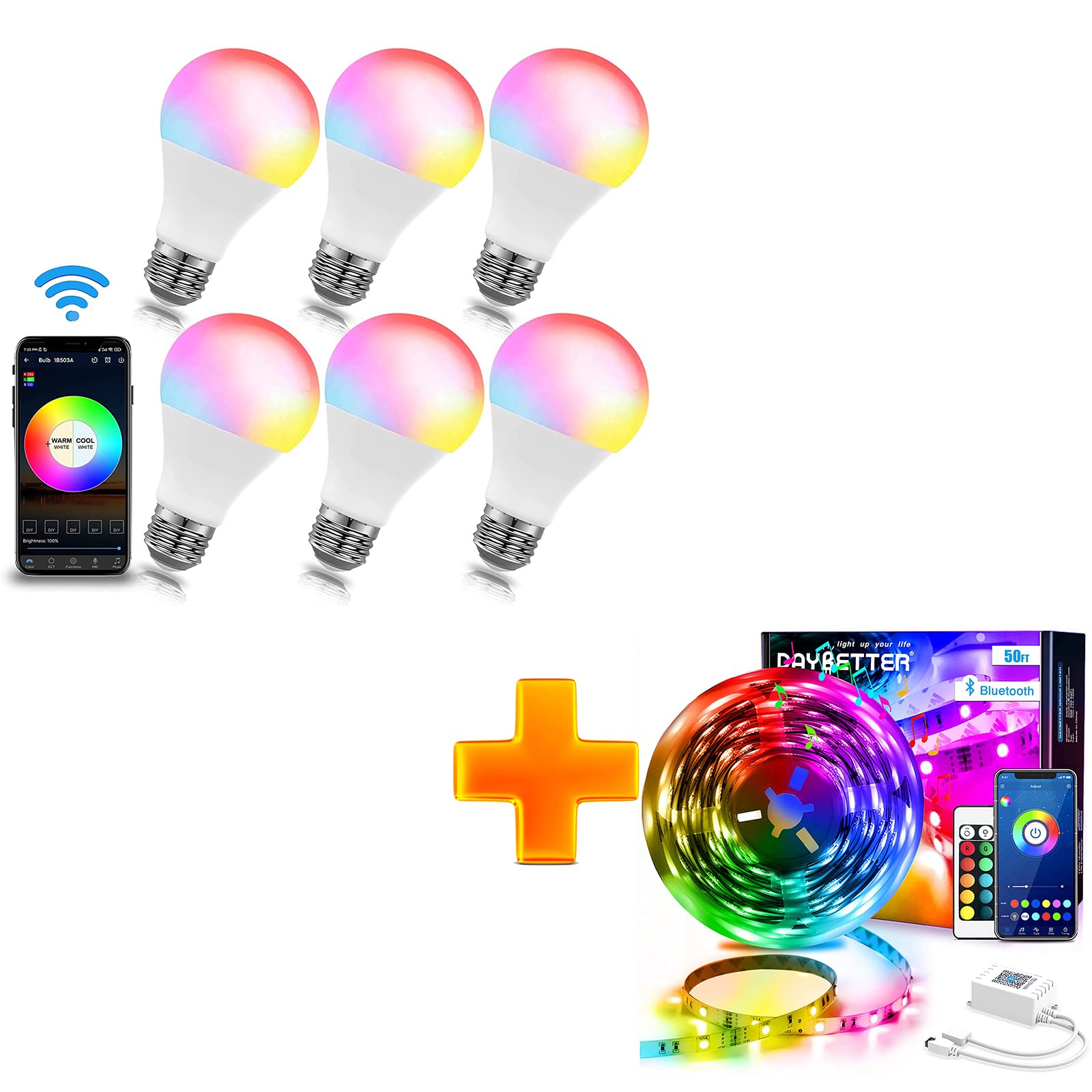 Daybetter 6-Pack LED Light Bulbs & 50ft Smart LED Strip Lights - Dimmable RGB Color Changing for Home, Bedroom, Party & Holiday Decor