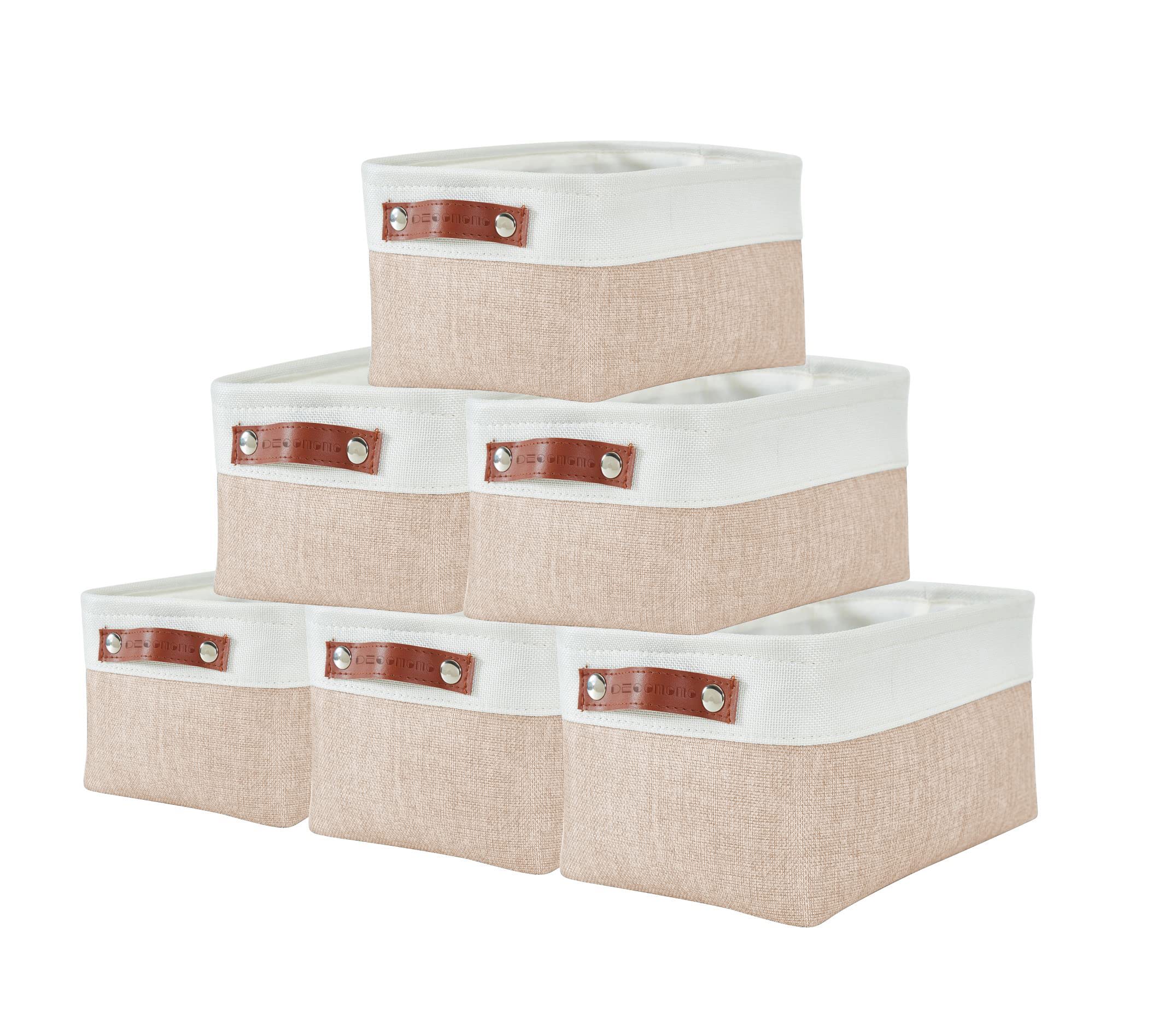 DECOMOMO Small Fabric Storage Baskets 6-Pack - Beige & White Organizing Bins for Shelves, Linen Closet, Bathroom, Nursery | Decorative Empty Baskets for Baby Clothes, Home Organization & Gift Giving