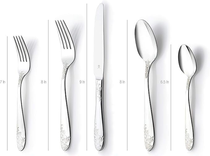 Premium 18/10 Stainless Steel Flatware Set - 40-Piece Elegant Silverware for Formal Dining & Entertaining - Dishwasher Safe Cutlery with Floral Design - Perfect for Weddings, Dinner Parties & Holiday Gatherings