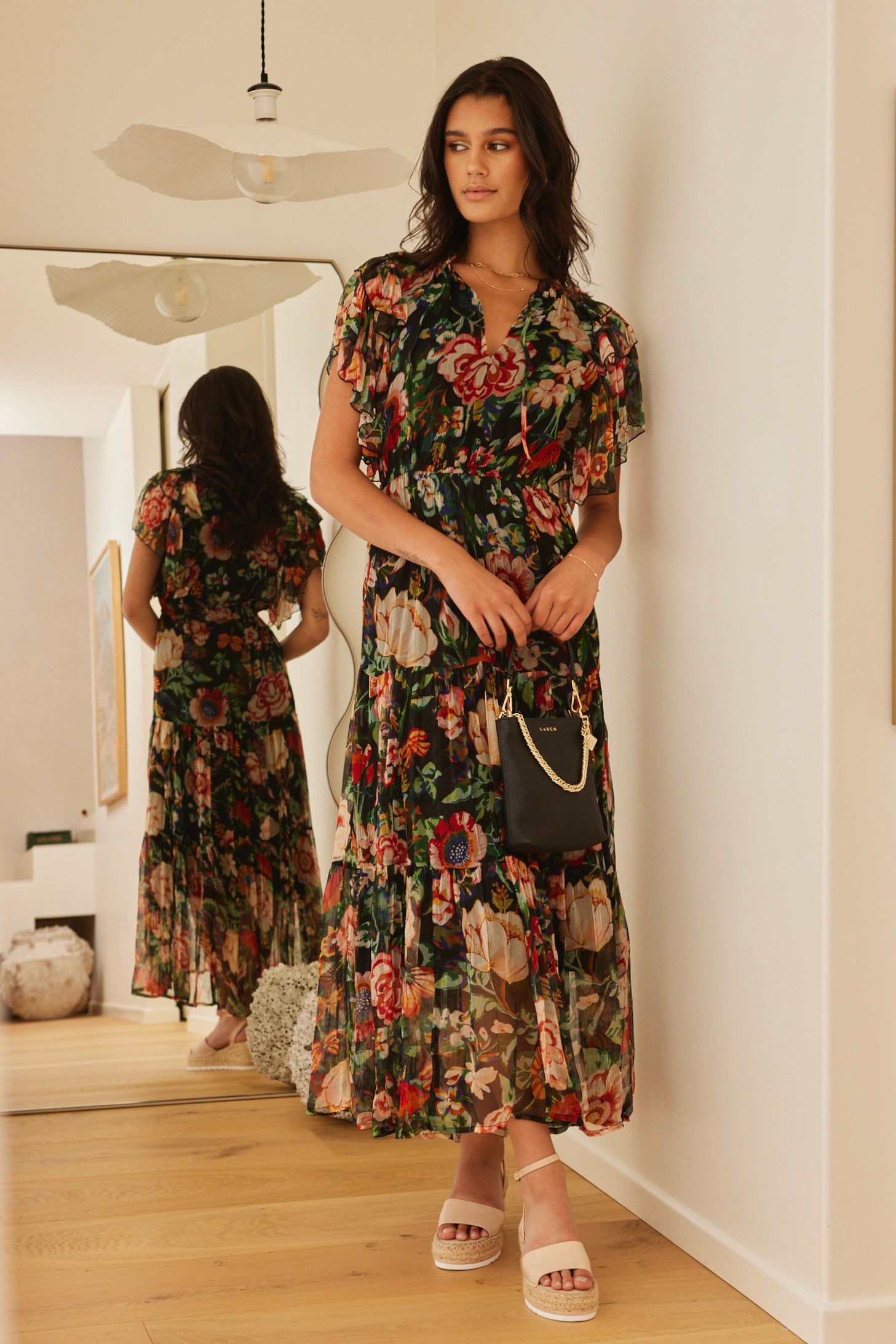 Flutter Sleeve Black Floral Maxi Dress - Elegant Boho Summer Dress for Beach, Wedding & Party Wear