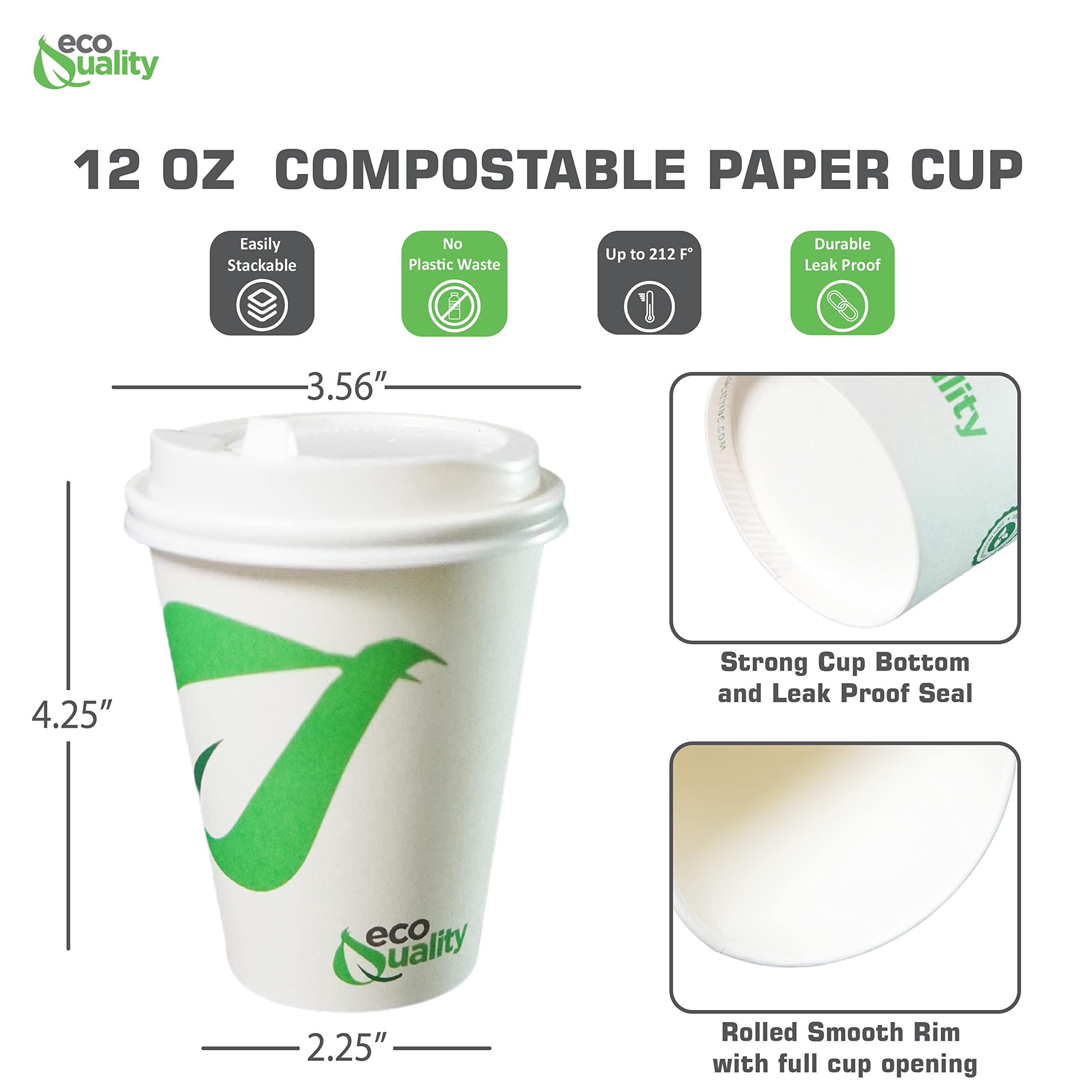 12 oz Compostable Paper Coffee Cups with White Dome Lids - 400 Pack Biodegradable PLA Lined Hot/Cold Drink Cups - Eco-Friendly Disposable Cups for Coffee Shops, Offices & Parties