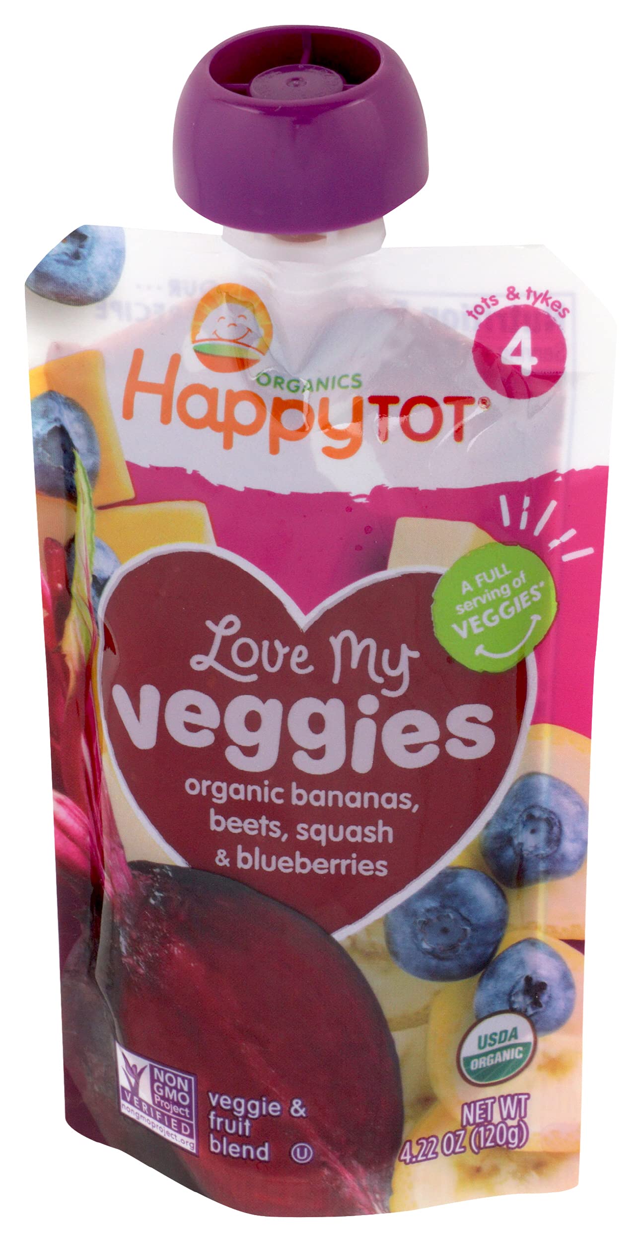 Happy Tot Love My Veggies Stage 4 Organic Baby Food Pouch - Banana Beet Squash & Blueberry Blend (4.22 oz) | USDA Certified Organic Toddler Snacks | Fruit & Vegetable Puree for Kids | Perfect for On-the-Go Meals, Daycare Lunches & Healthy Snacking
