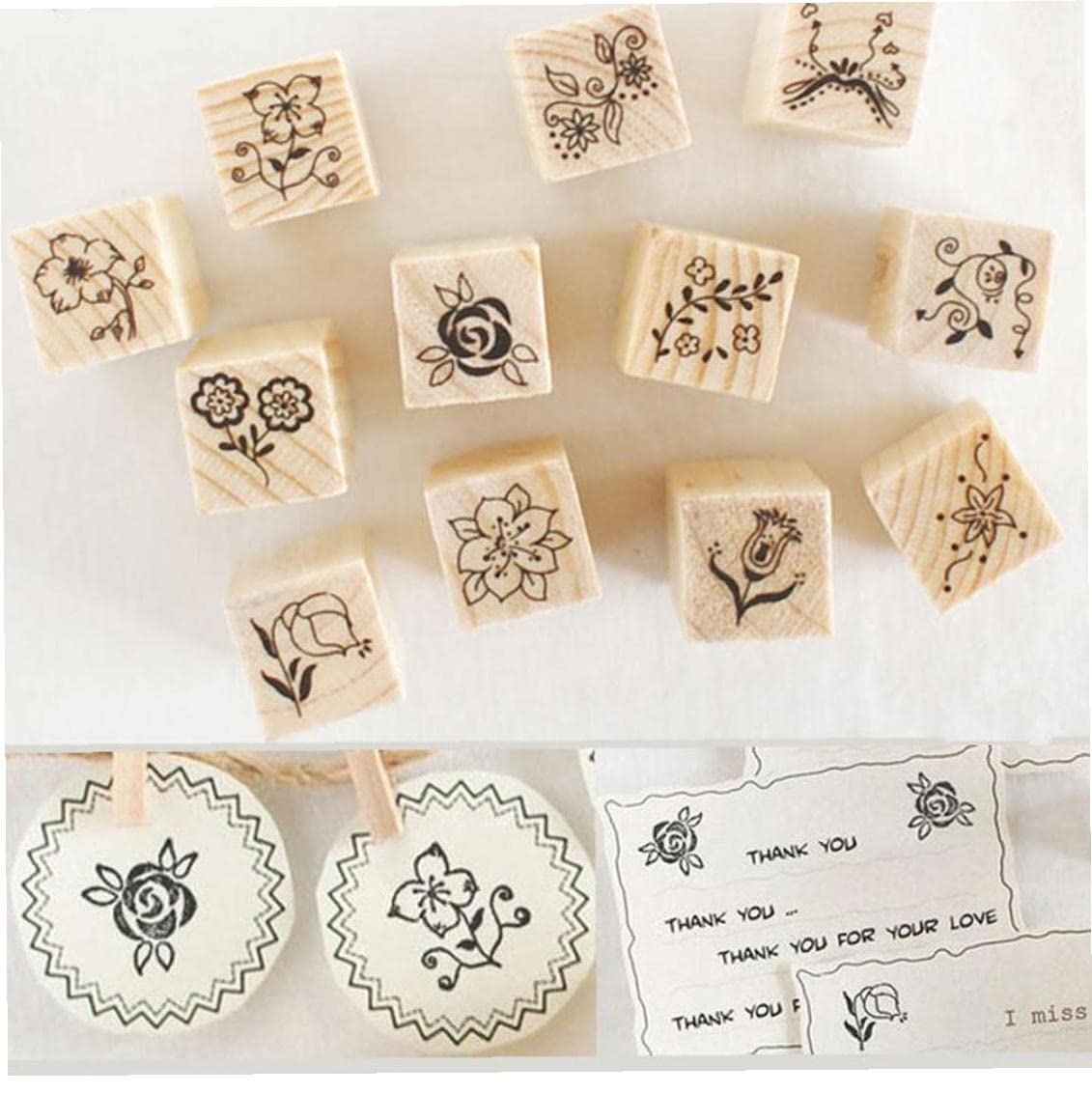 12pcs Floral Wooden Rubber Stamps Set for Scrapbooking, DIY Cards, Journals & Crafting - Rose Flower & Letter Designs - Perfect for Wedding Invitations, Gift Wrapping & Memory Keeping