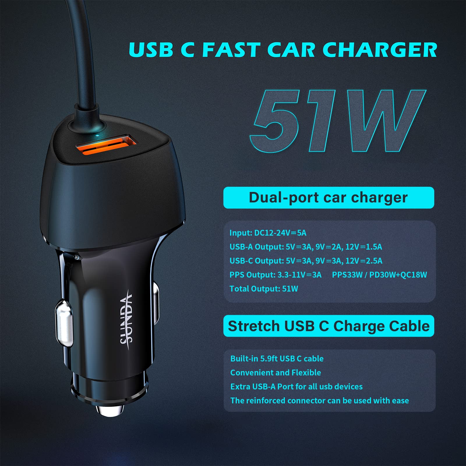 SUNDA 51W USB C Fast Car Charger with 5.9FT Type C Cable - Dual Port PPS 33W/PD 30W/QC 18W - Compatible with Samsung Galaxy S22/S21/A12/A20/A51/Note22 - Perfect for Road Trips & Daily Commute Charging