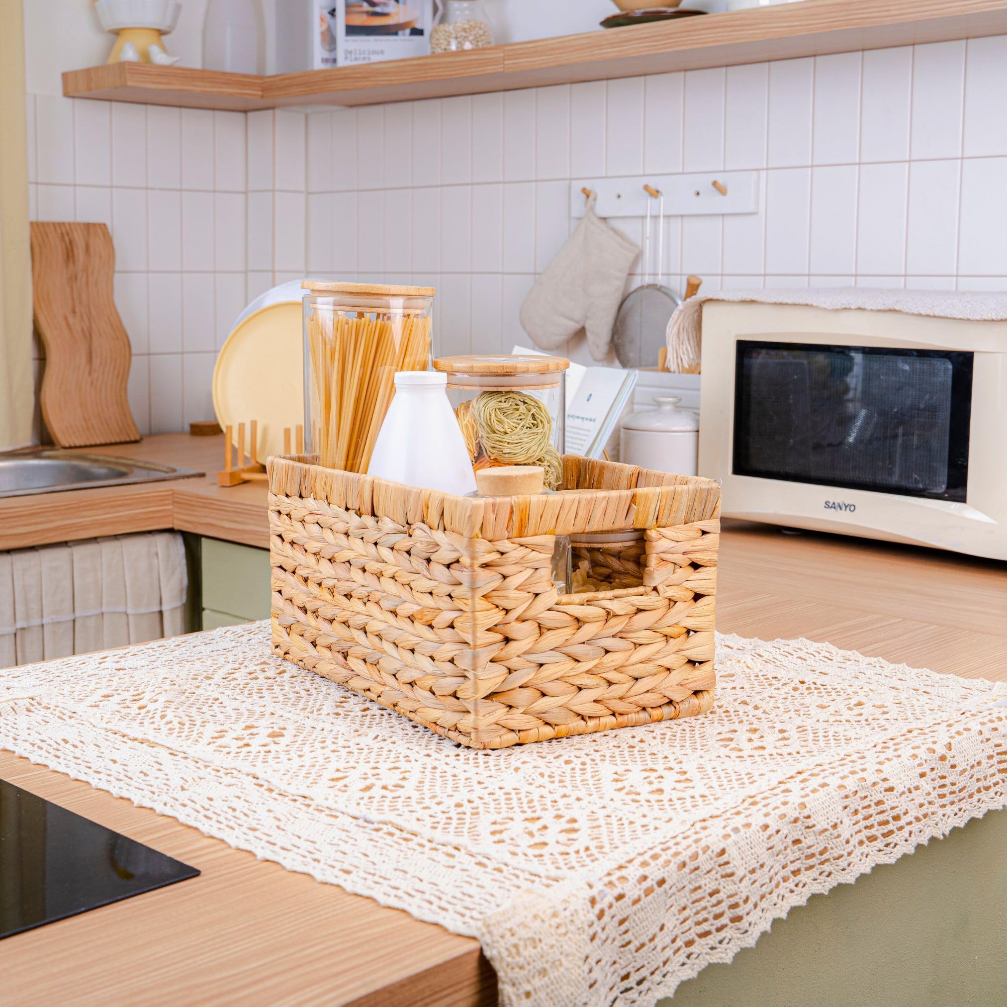 Natural Water Hyacinth Storage Baskets Set of 3 - Rectangular Woven Wicker Baskets with Built-in Handles for Home Organization | Perfect for Living Room, Bedroom, Bathroom & Nursery Storage