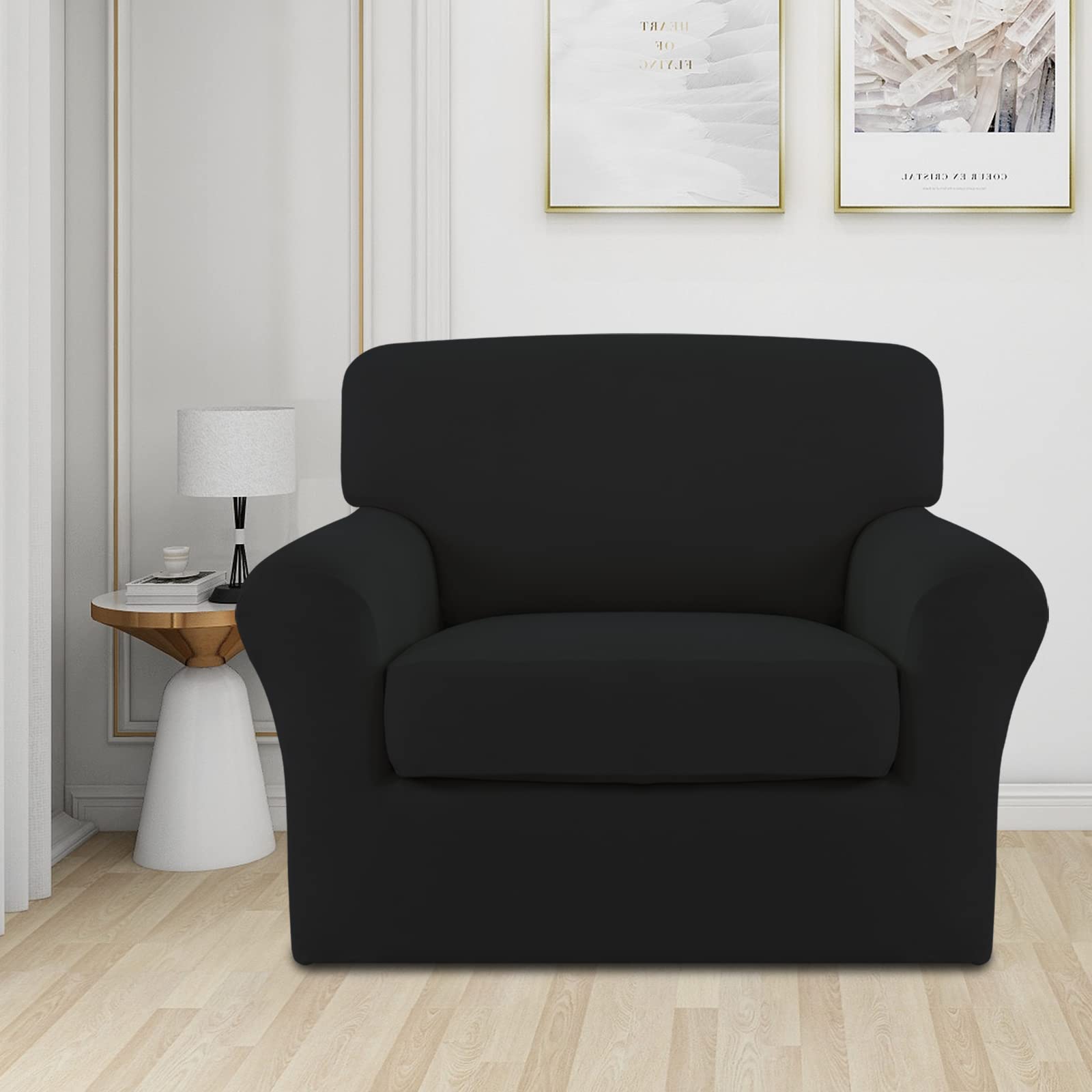 2-Piece Stretch Microfiber Chair Slipcover - Soft Spandex Fitted Sofa Cover with Elastic Bottom, Washable Furniture Protector for Kids & Pets (Black) - Perfect for Living Room, Office, and Dorm Decor