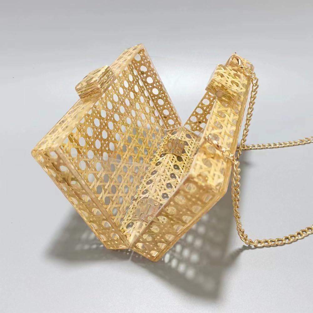 Stylish Women's Acrylic Rattan Woven Clutch Purse - Square Box Crossbody Shoulder Bag for Summer Beach, Travel & Evening Outfits | Fashionable Boho Accessory for Parties, Vacations & Daily Use