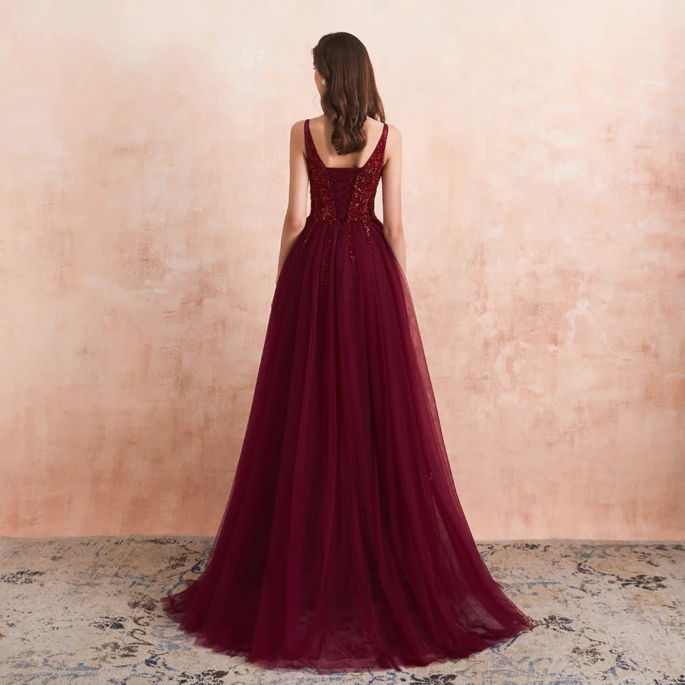 Elegant Sexy Dark Burgundy V-Neck Crystal Beaded Formal Prom Gown for Women - Perfect for Evening Parties, Weddings & Special Occasions