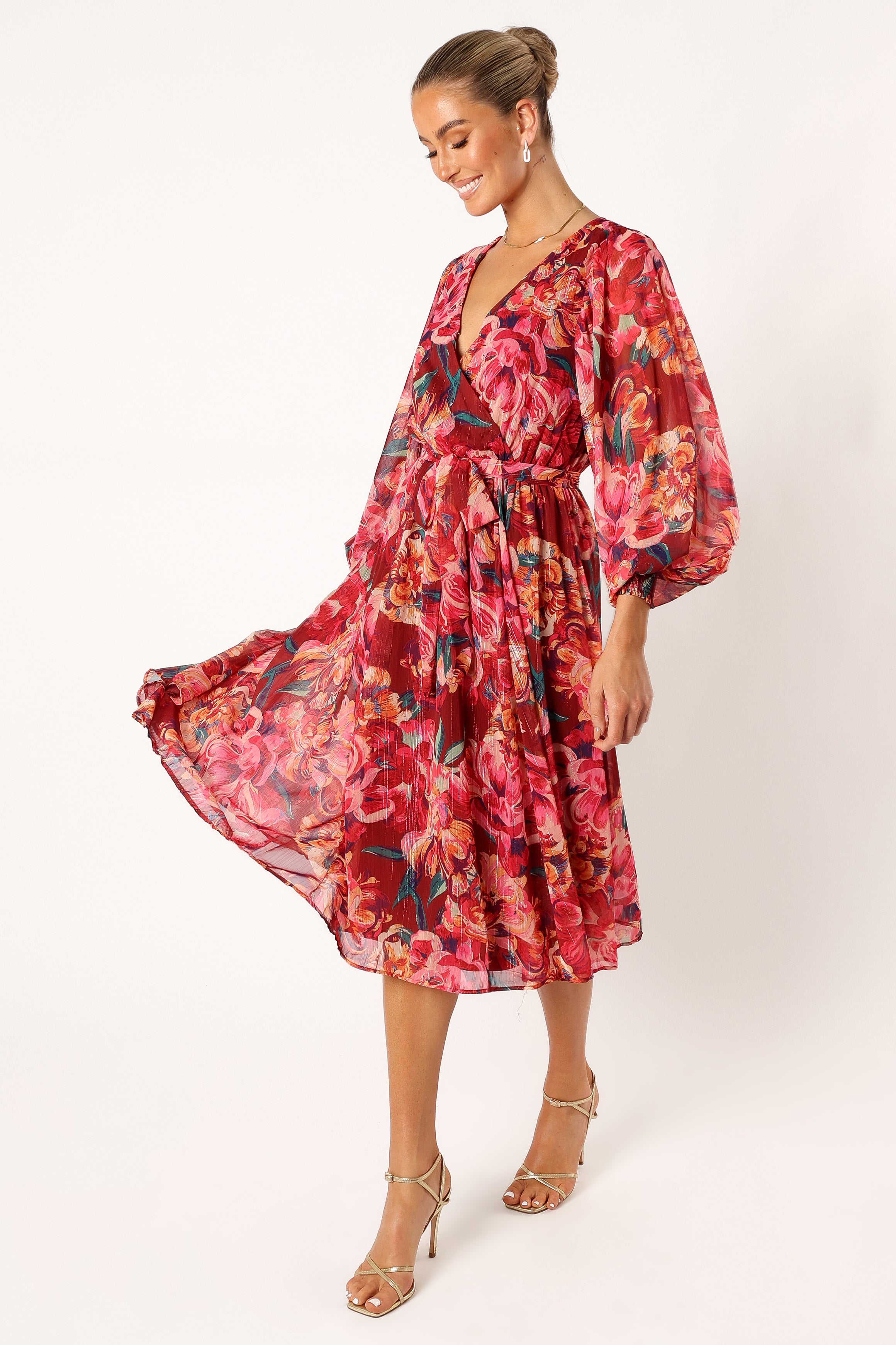 Goldie Long Sleeve Midi Dress - Red Floral Print Women's Casual Dress for Spring/Summer, Perfect for Office, Date Night & Special Occasions