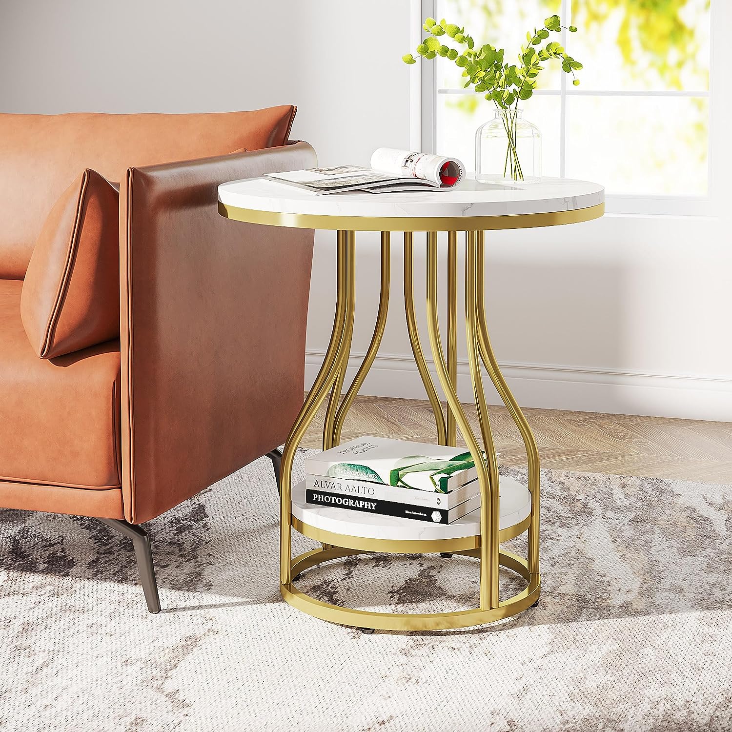 2 Tier Round End Table with Metal Frame - Modern Sofa Side Table for Living Room, Bedroom & Office - Perfect for Holding Drinks, Books & Decor