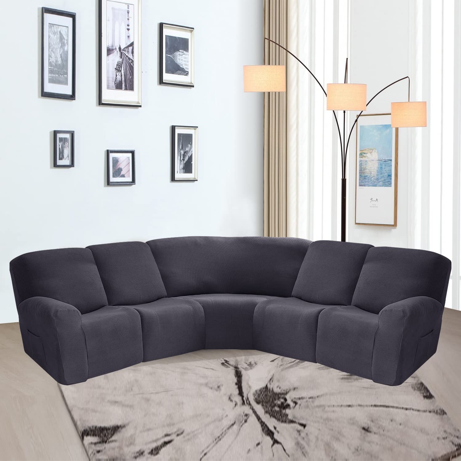 5-Piece Jacquard Stretch Sofa Cover for 5-Seat Recliner & L-Shaped Sectional Couch - Soft Furniture Protector Slipcover (Dark Grey) - Perfect for Living Room, Family Room & Home Theater Seating Protection