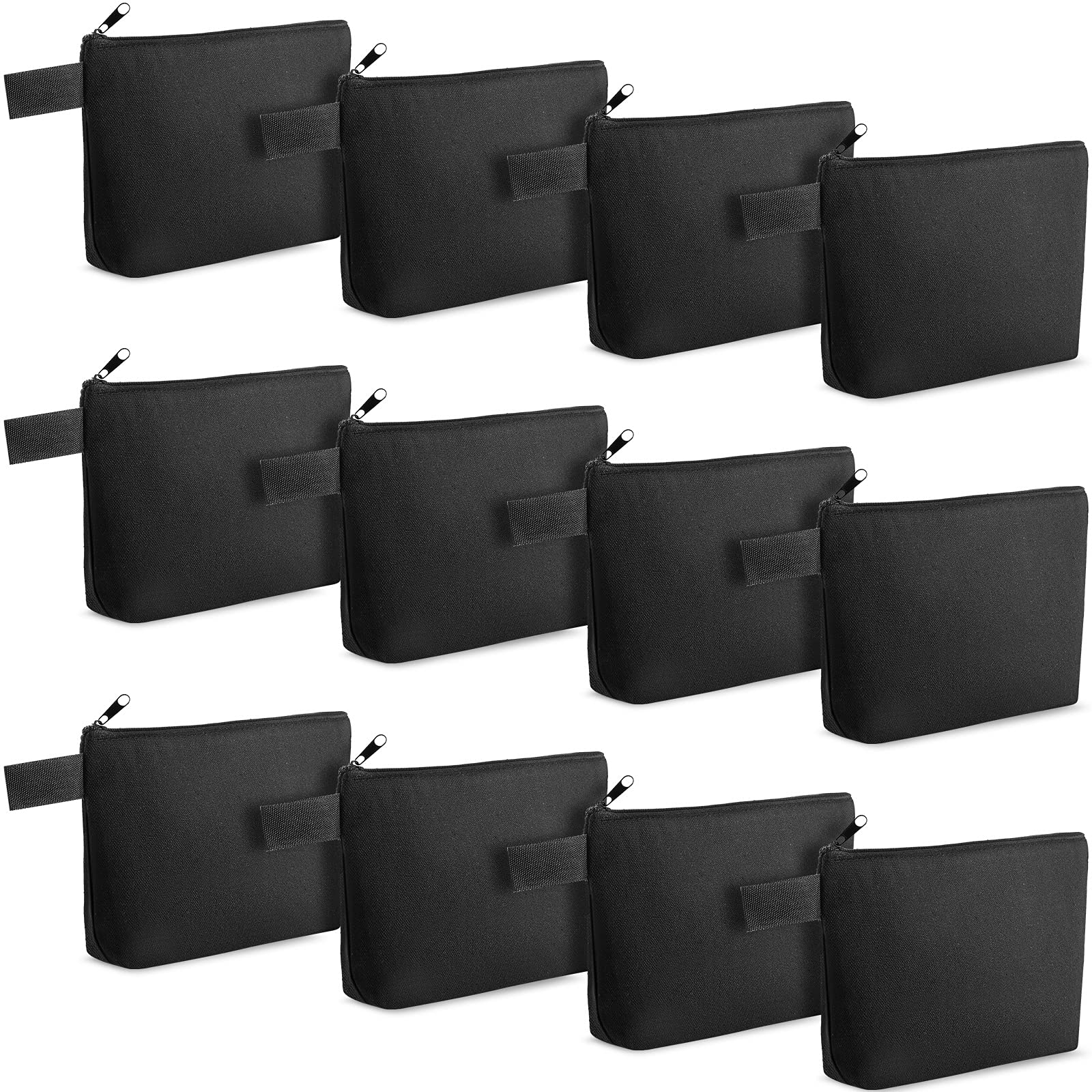 12-Piece Plain Canvas Makeup Bags with Zipper - DIY Travel Cosmetic Pouches for Women & Girls - Perfect for Toiletries, Stationery & Organizing - Black Makeup Storage Solution (Ideal for Travel, Home & Office Use)