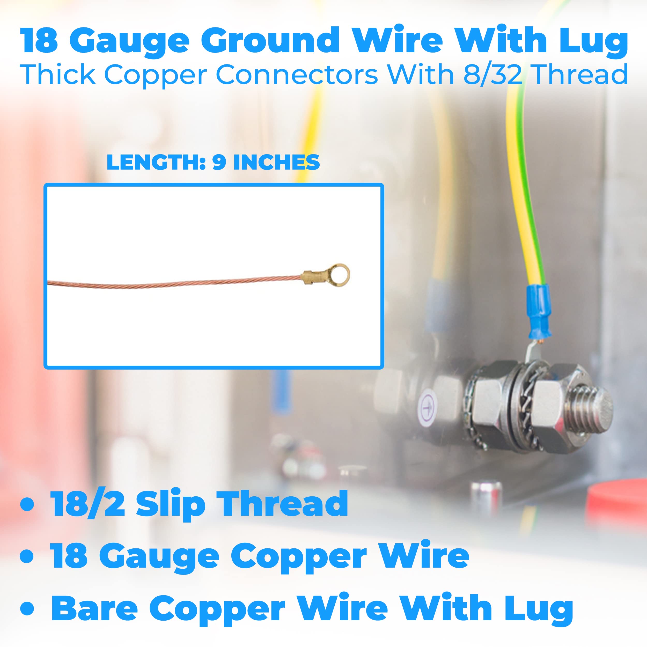 OhLectric 9 Inch Bare Copper Wire - 18 Gauge Grounding Wire with Copper Lugs - 8/32 Thread Thick Copper Connectors for Electrical Safety - Perfect for Home Wiring, DIY Projects, and Industrial Grounding Applications - OL-40502