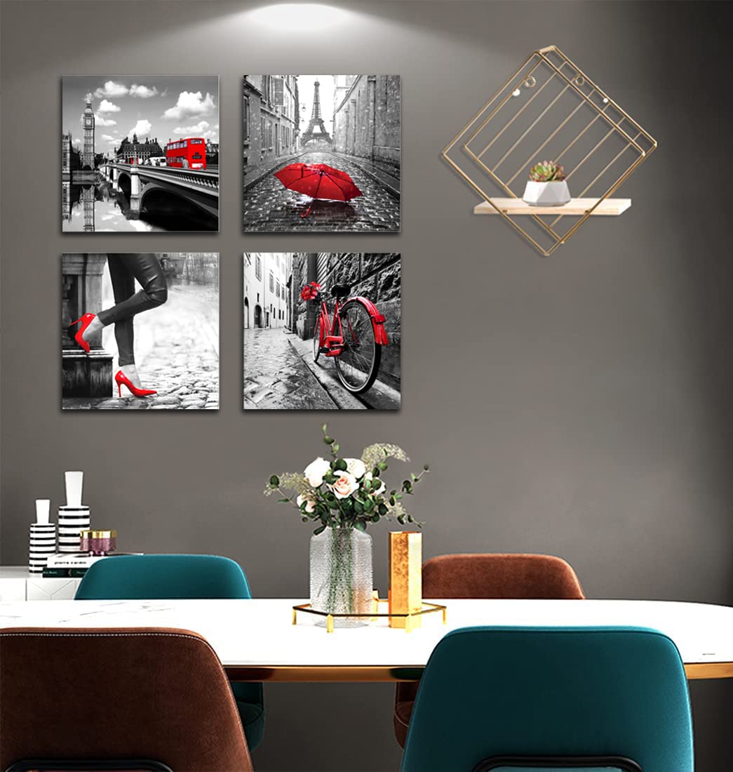 Black and White Paris Wall Art - Eiffel Tower Canvas Print with Red Rose & High Heels Silhouette, 16x16 Inches, Modern Home Decor for Living Room & Bedroom | Perfect for Romantic & Chic Interior Design