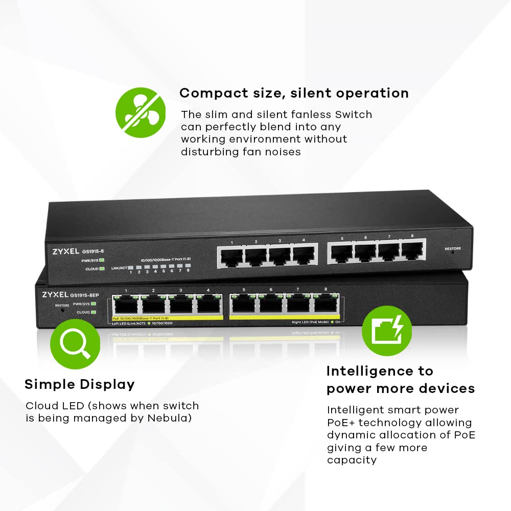 ZyXel GS1915-8EP 8-Port Gigabit PoE+ Switch | 60W Power per Port | Managed Smart Switch with Nebula Cloud | Desktop/Wall Mount | Lifetime Warranty | Ideal for Office Networks, IP Camera Systems & Small Business IT Infrastructure