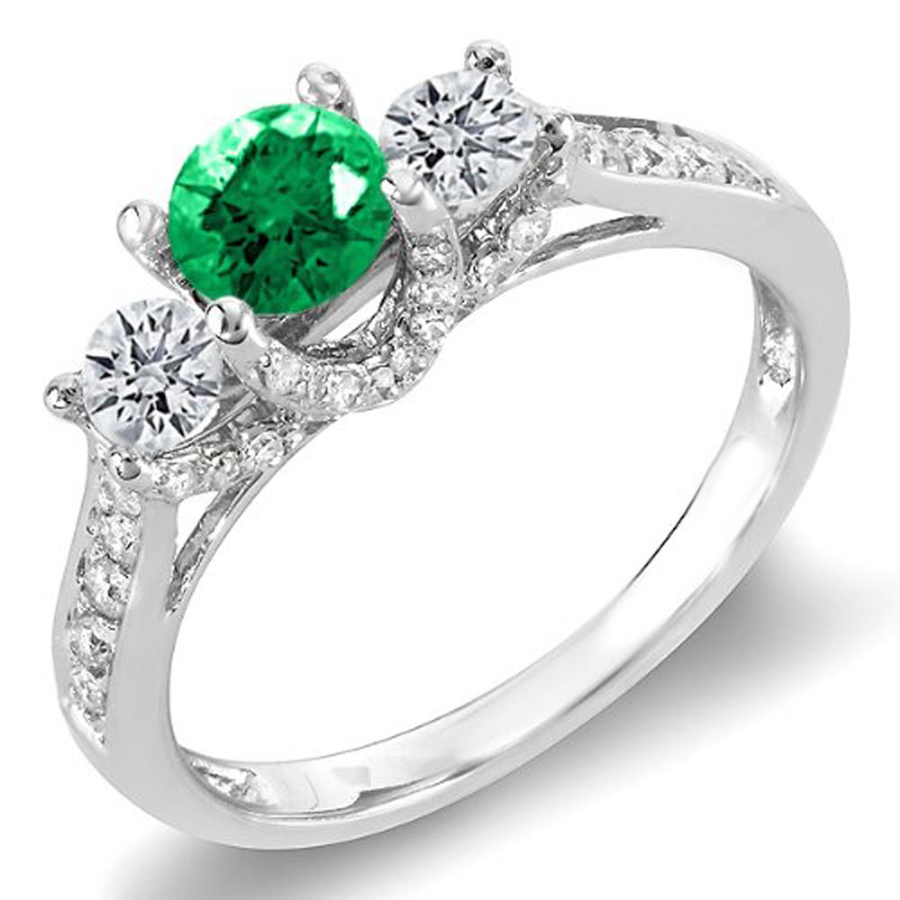Dazzlingrock Collection 14K Solid White Gold Round White Diamond & Emerald 3-Stone Women's Bridal Engagement Ring – Perfect for Proposals, Weddings & Anniversary Gifts