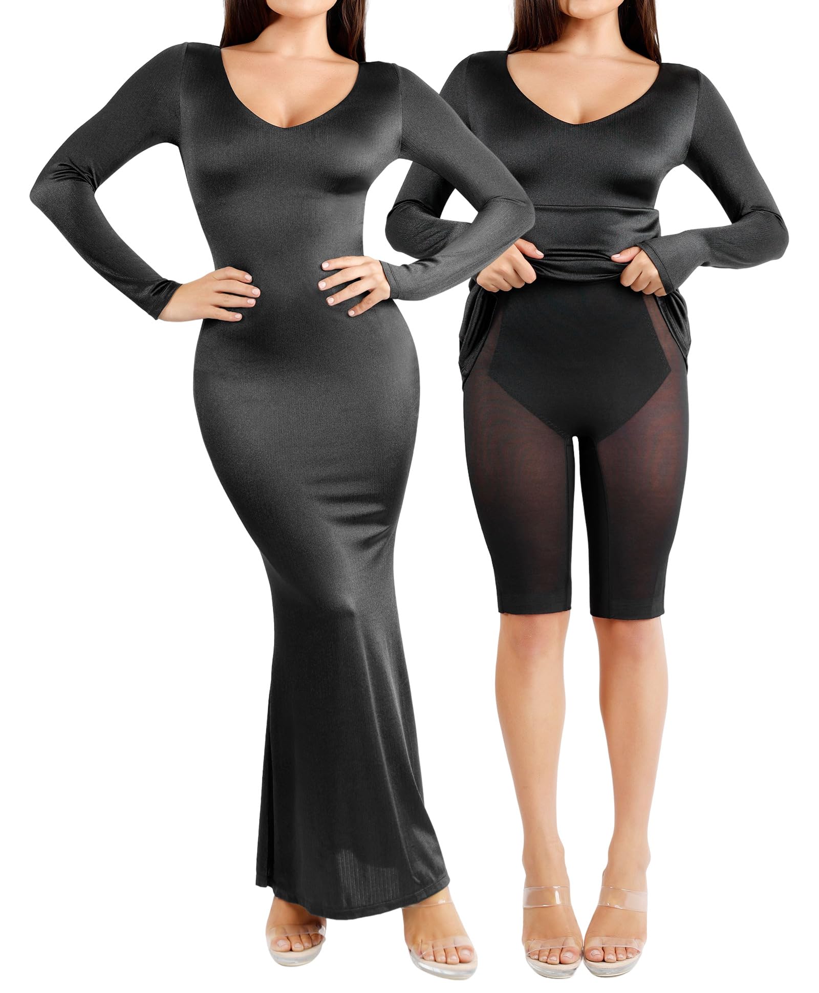 Popilush Women's Shapewear Ball Gown - Elegant Long Sleeve Satin V-Neck Formal Dress for Wedding, Cocktail Party & Evening Events | Slimming Maxi Dress for Special Occasions
