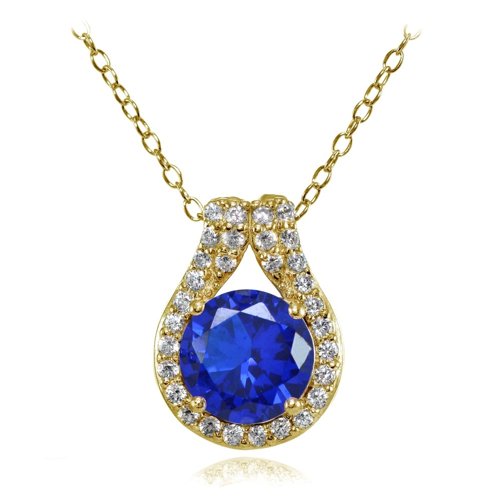 Yellow Gold Plated Sterling Silver Round Halo Necklace with CZ Accents & Simulated Gemstones | Elegant Ice Gems Jewelry for Women | Perfect for Parties, Weddings & Special Occasions