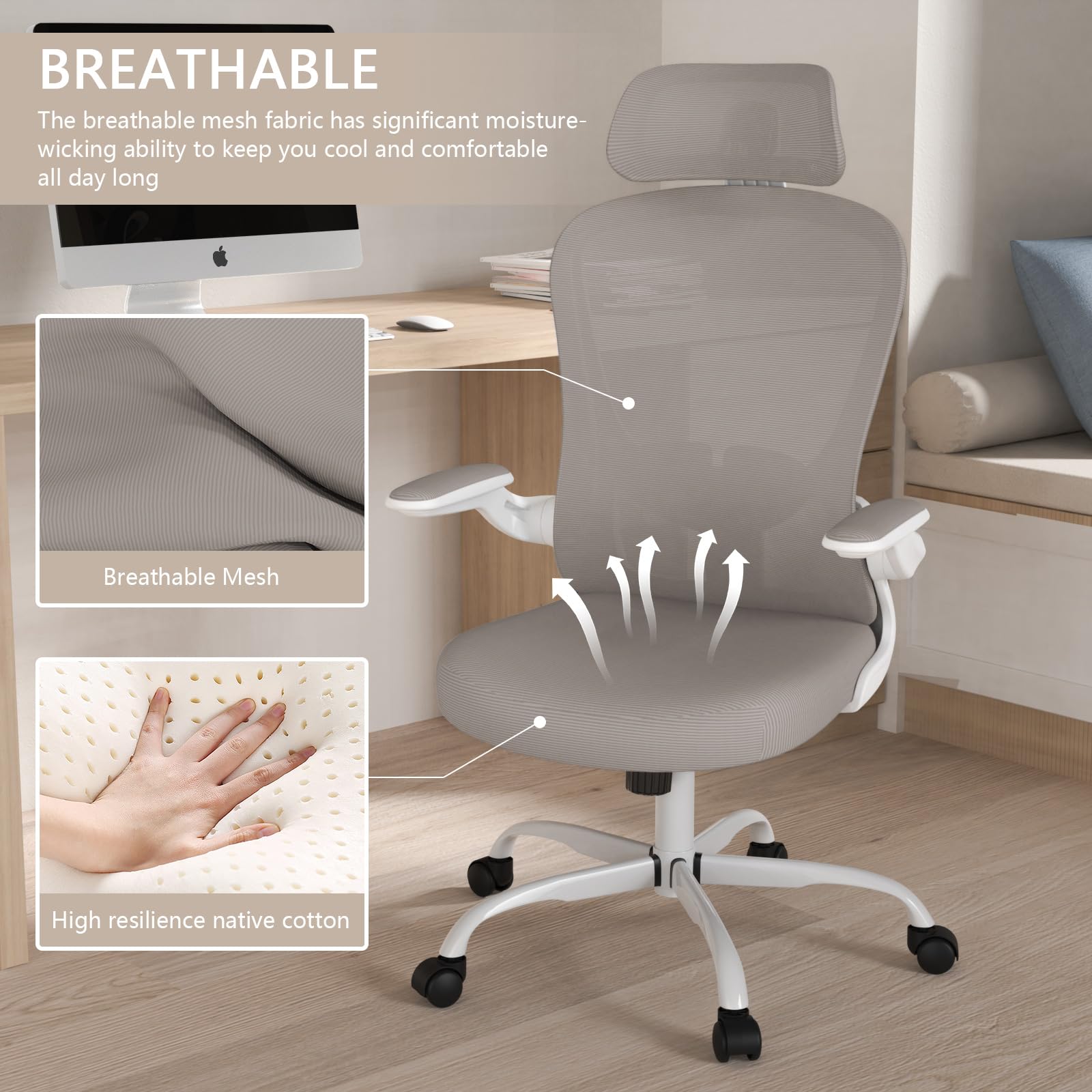 Ergonomic High Back Office Chair with Adjustable Lumbar Support & Headrest - Breathable Mesh Desk Chair, Swivel Task Chair with Flip-Up Armrests - Perfect for Home Office & Executive Workspaces